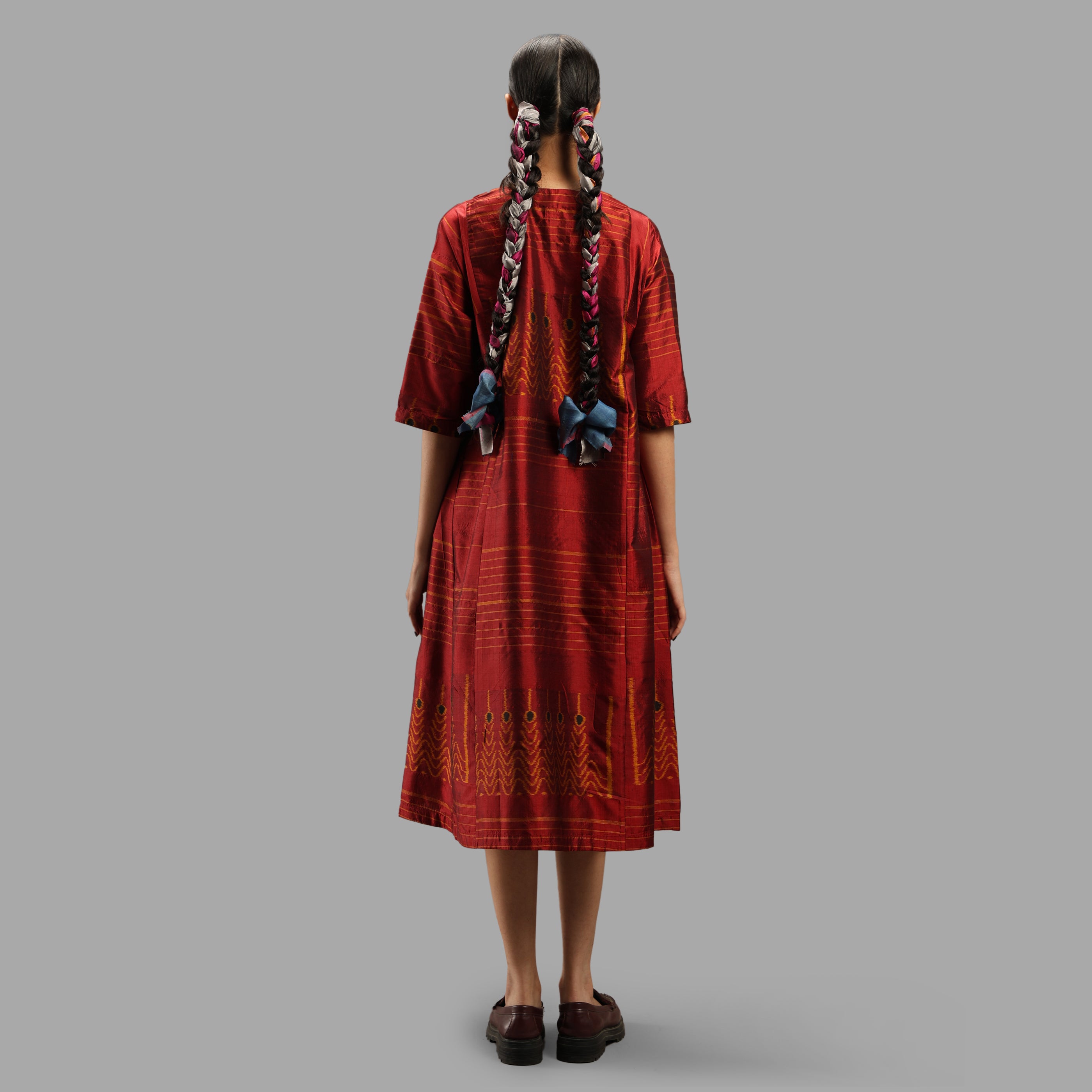Handwoven Ikat Silk Anarkali Dress- Red