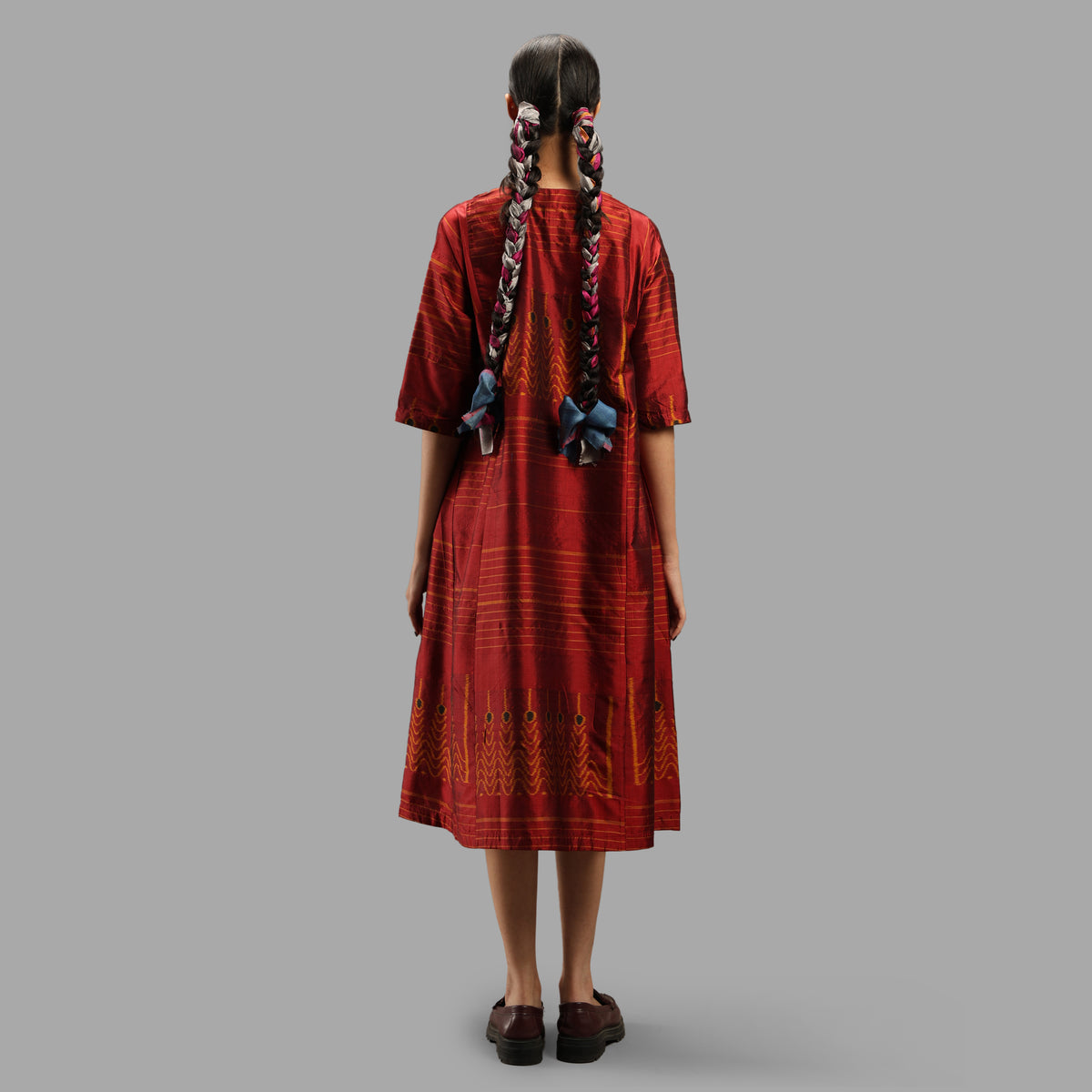 Handwoven Ikat Silk Anarkali Dress- Red