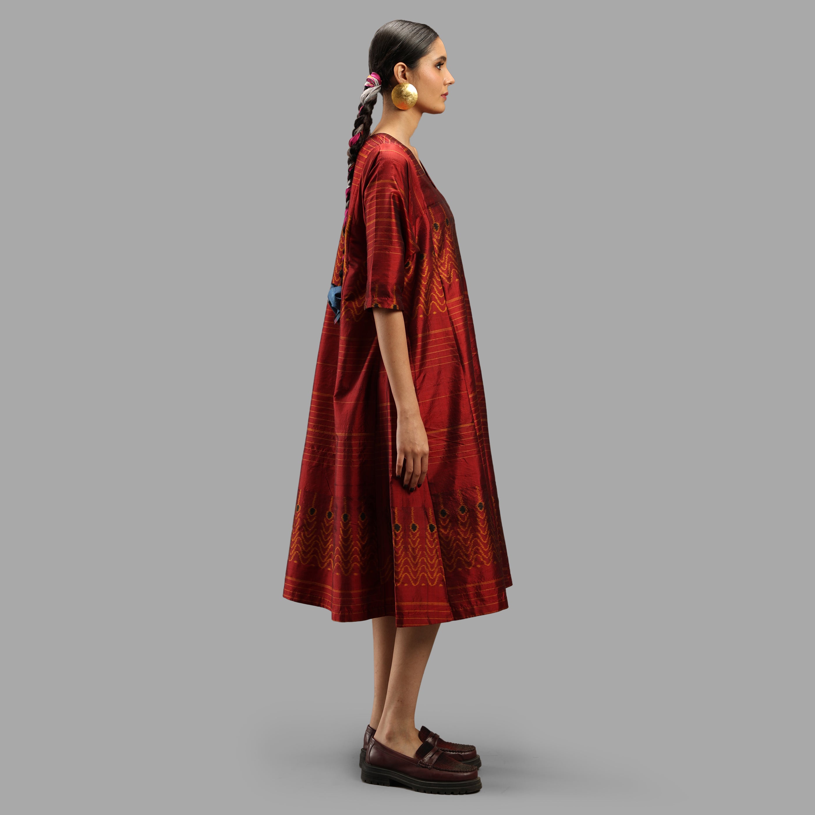 Handwoven Ikat Silk Anarkali Dress- Red