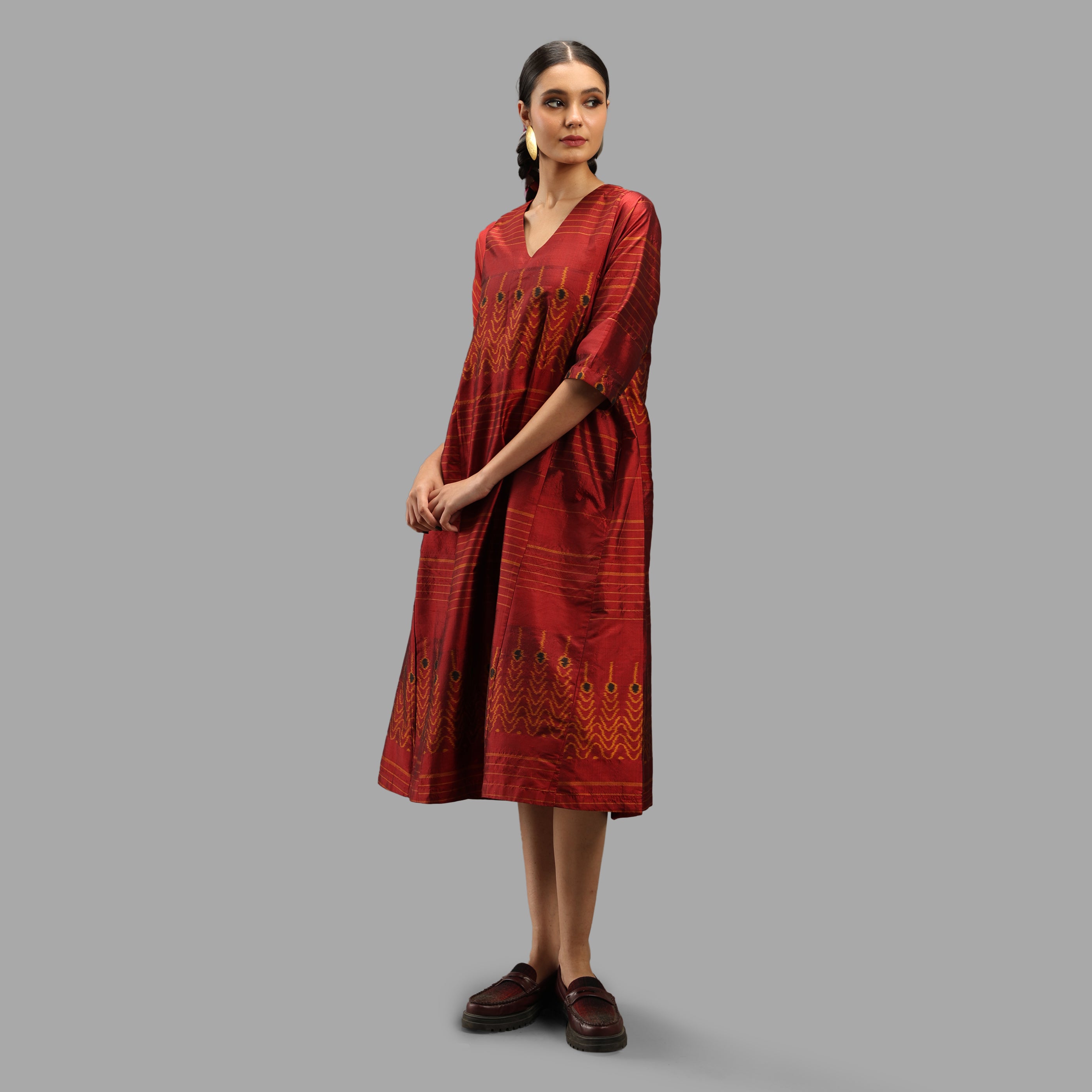 Handwoven Ikat Silk Anarkali Dress- Red