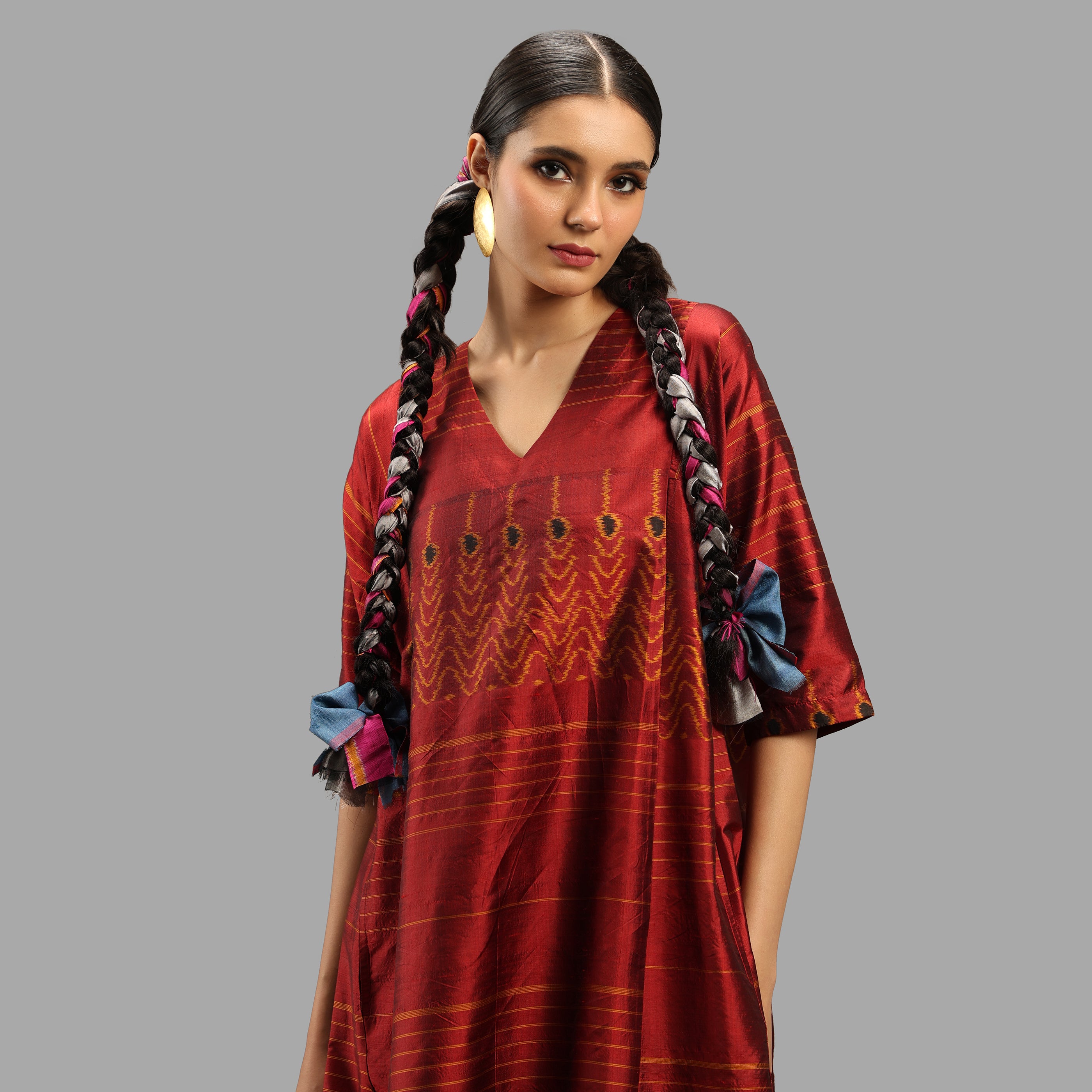 Handwoven Ikat Silk Anarkali Dress- Red