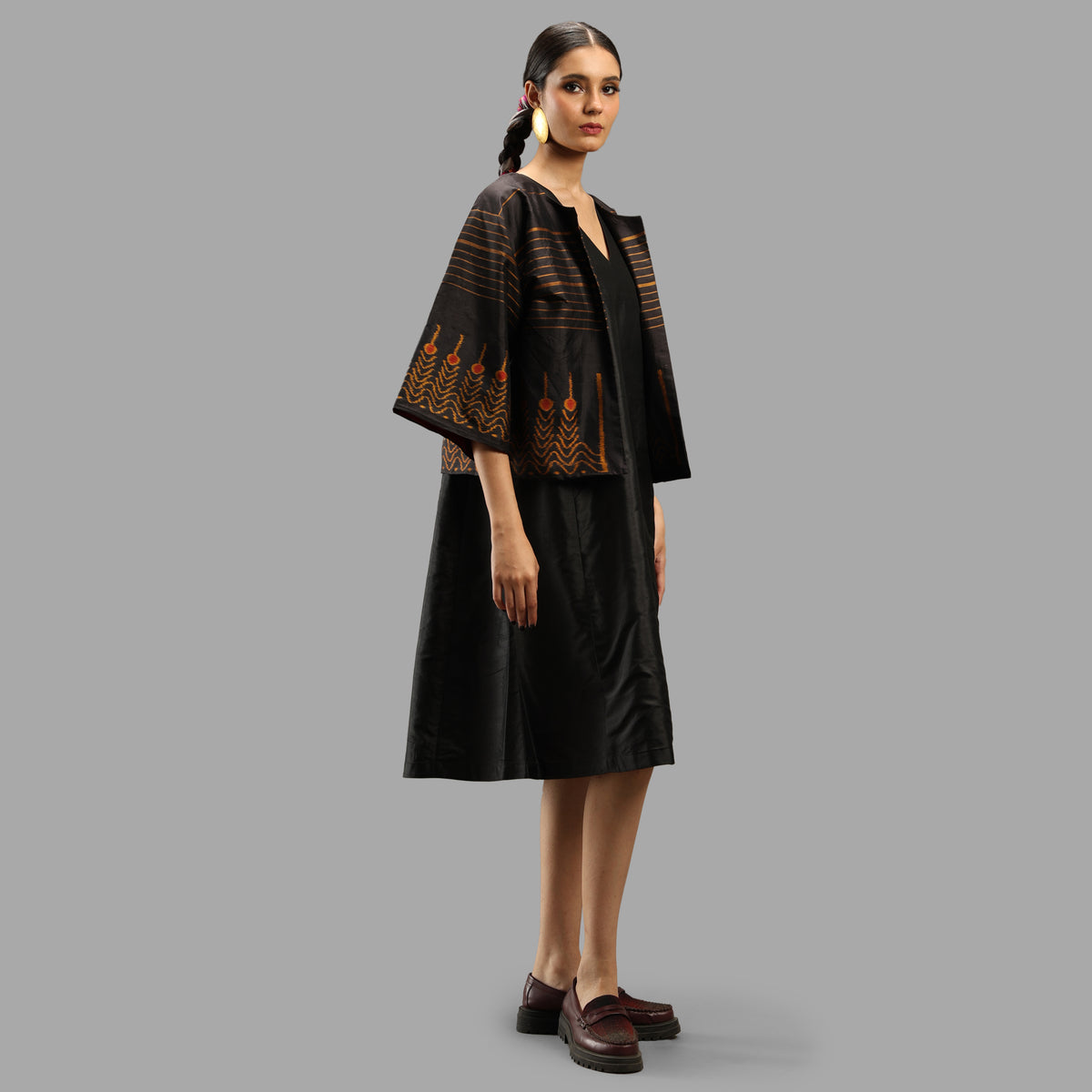 Handwoven Ikat Silk Reversible Jacket- Sarong Black