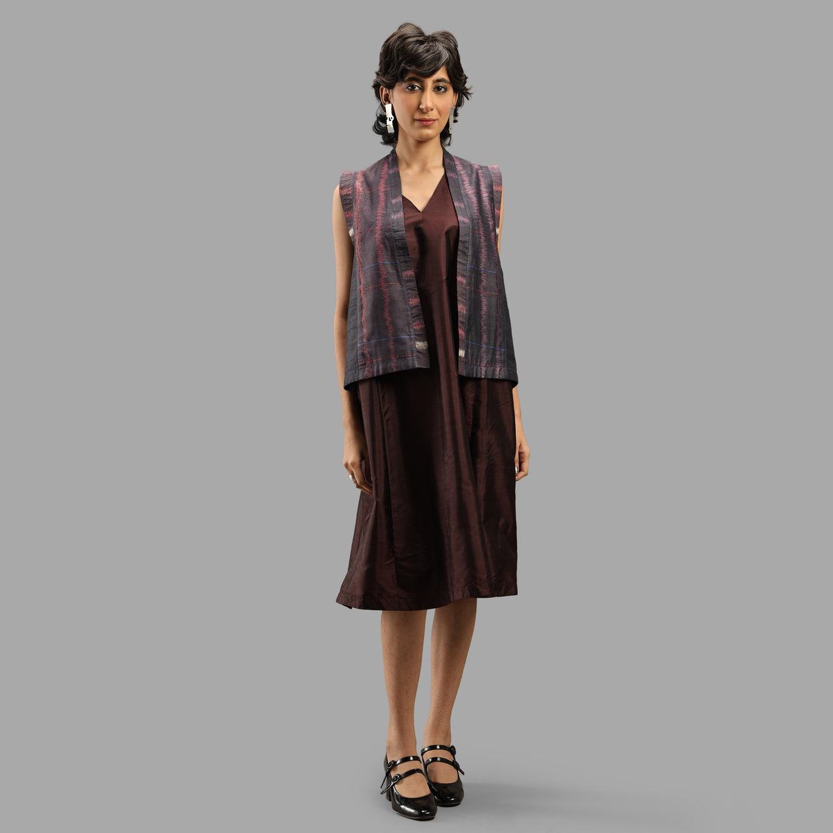 Handwoven Ikat Tussar Silk Vest-  Burgundy