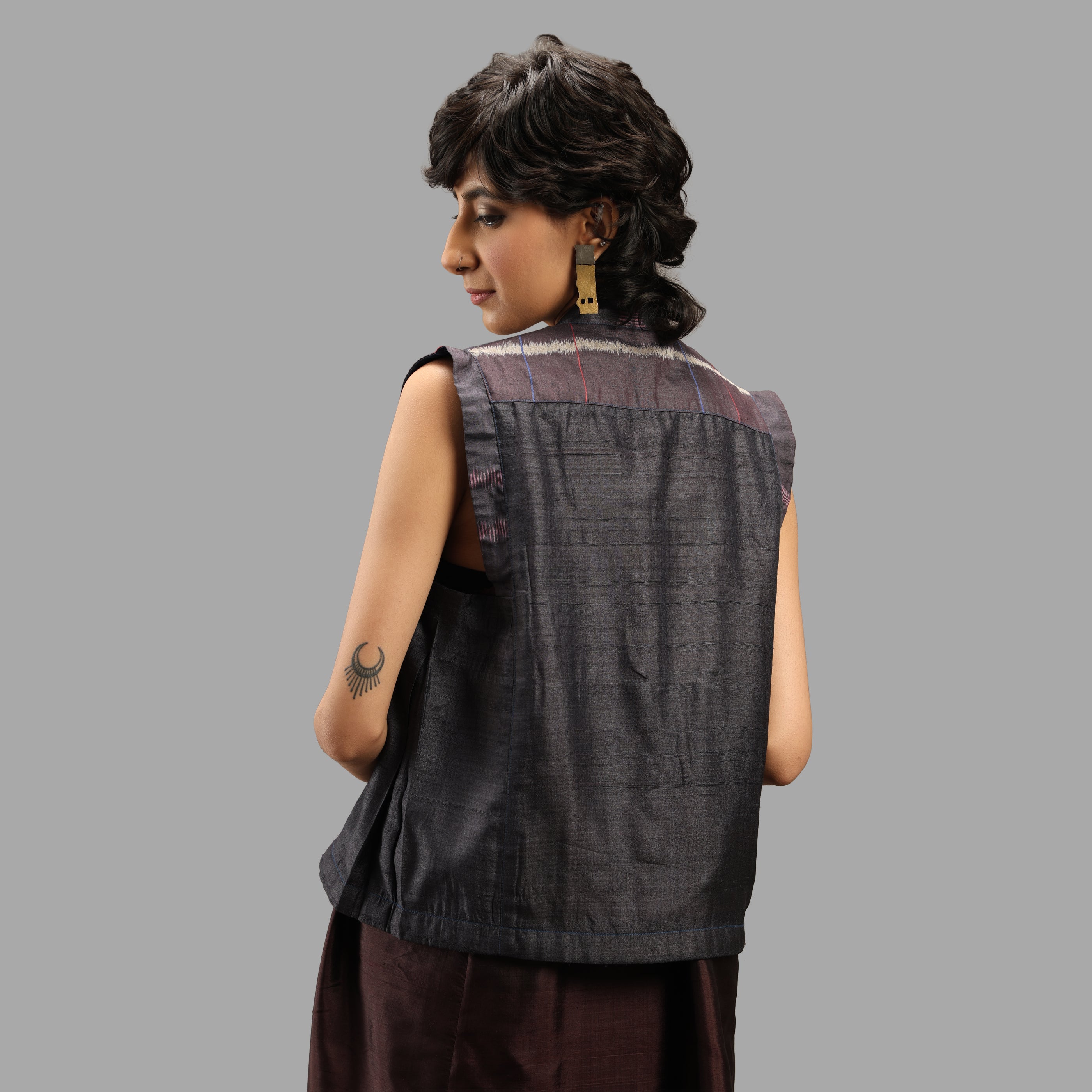 Handwoven Ikat Tussar Silk Vest-  Burgundy
