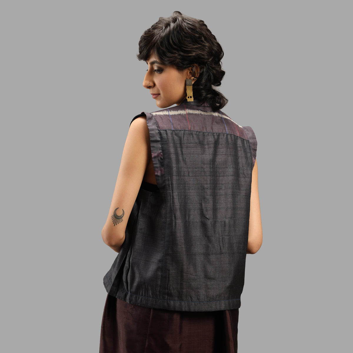 Handwoven Ikat Tussar Silk Vest-  Burgundy