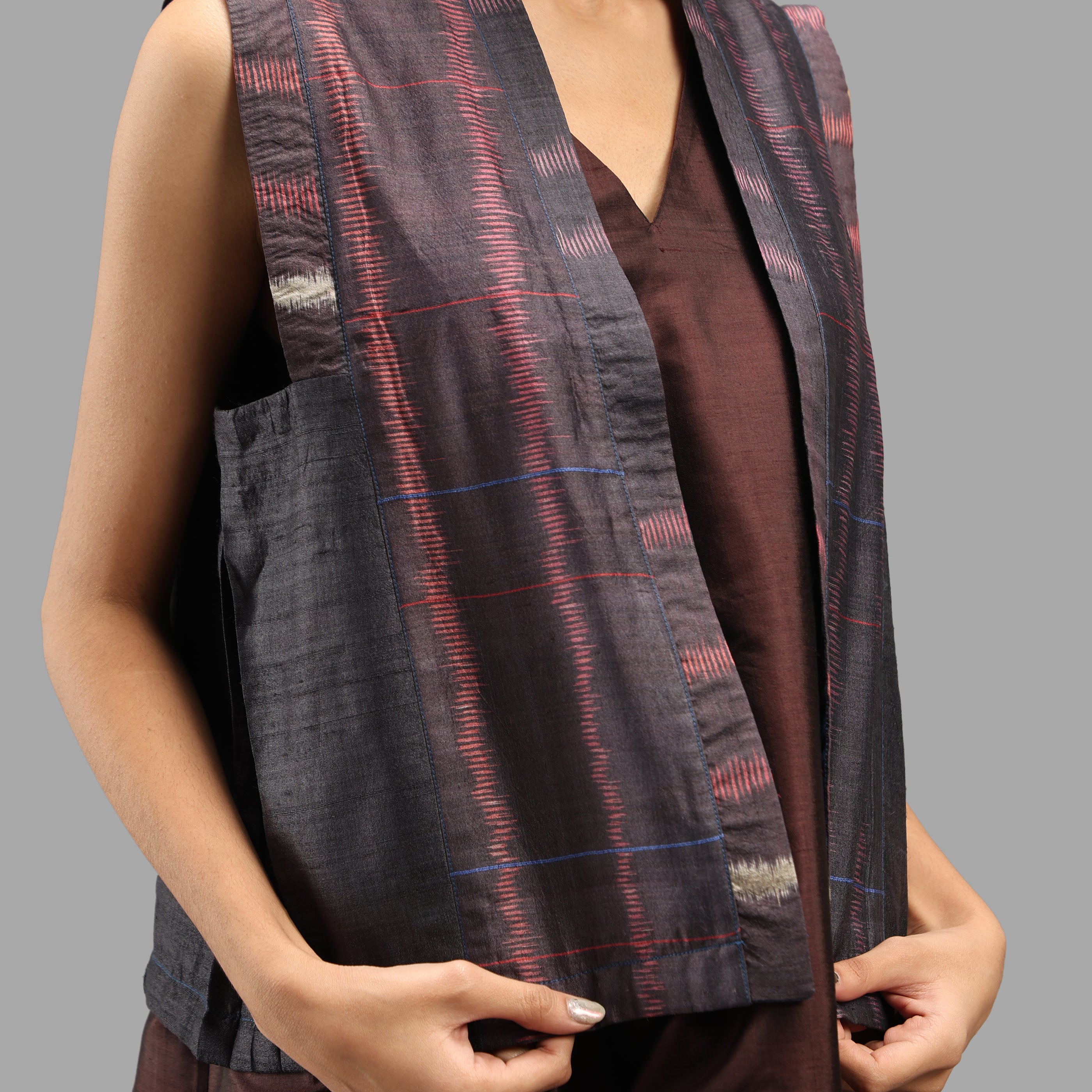 Handwoven Ikat Tussar Silk Vest-  Burgundy