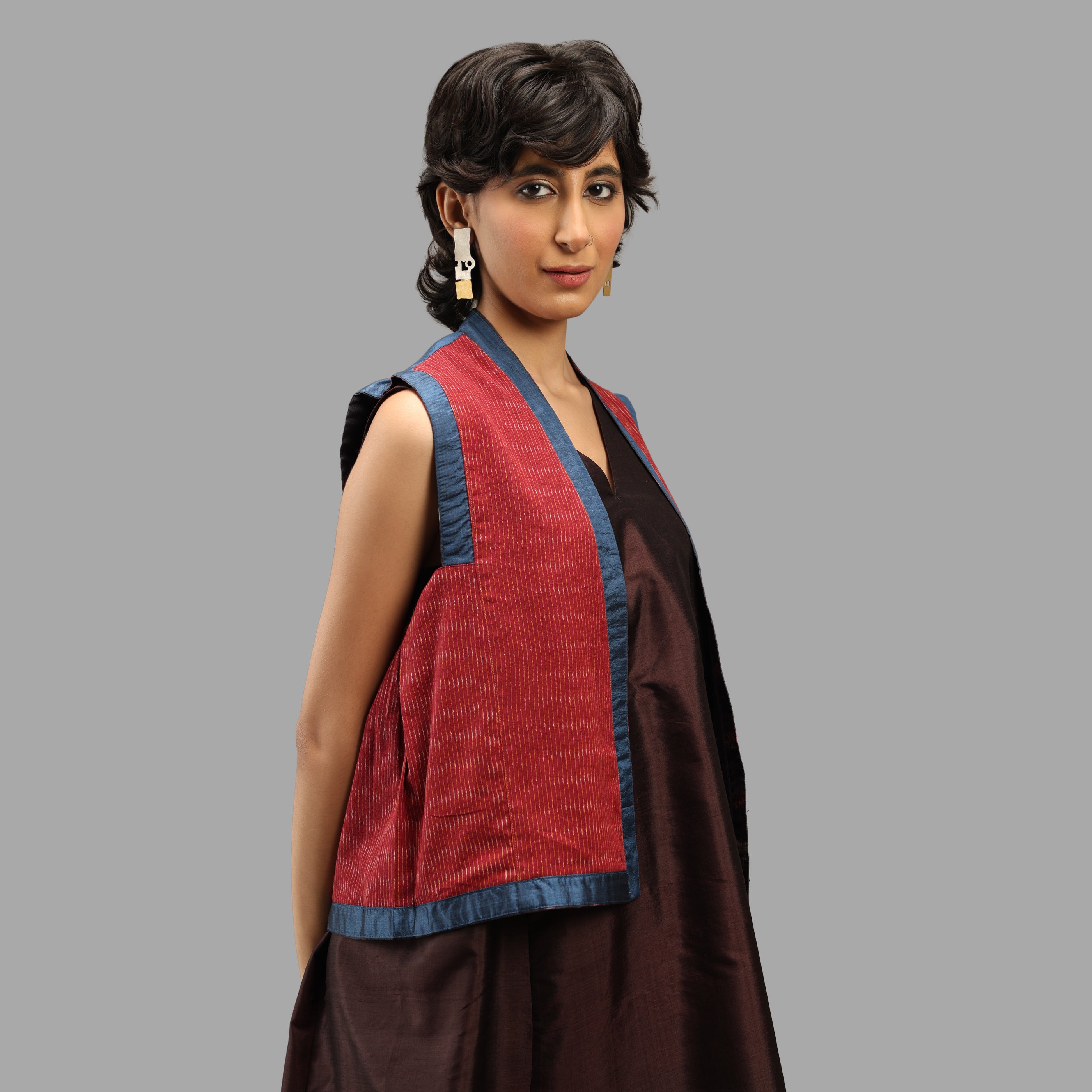 Handwoven Ikat Tussar Silk Vest-  Burgundy