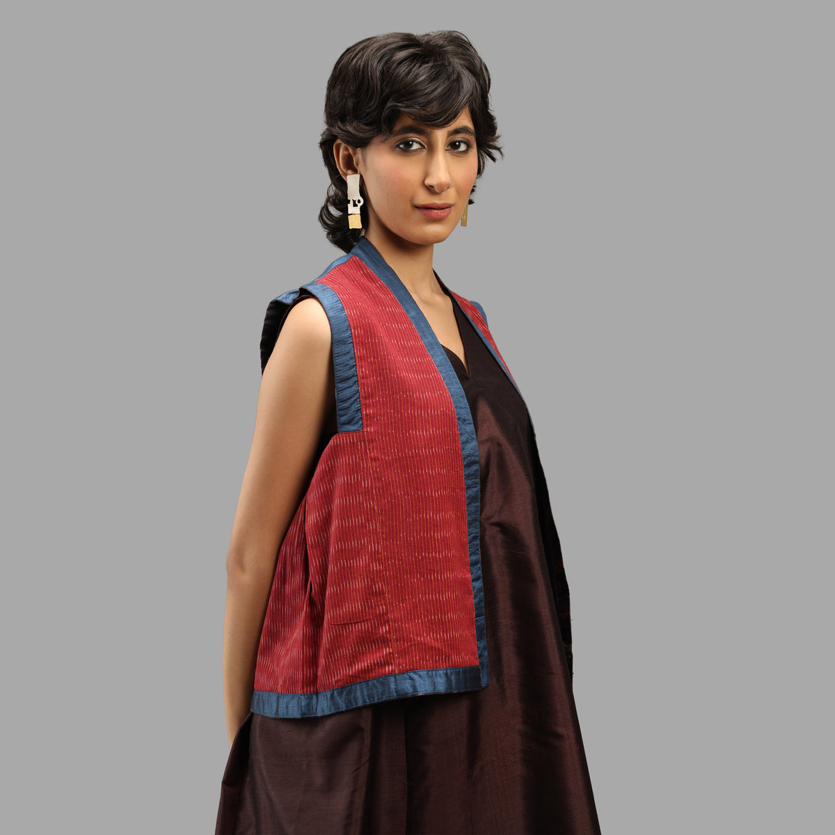 Handwoven Ikat Tussar Silk Vest-  Burgundy