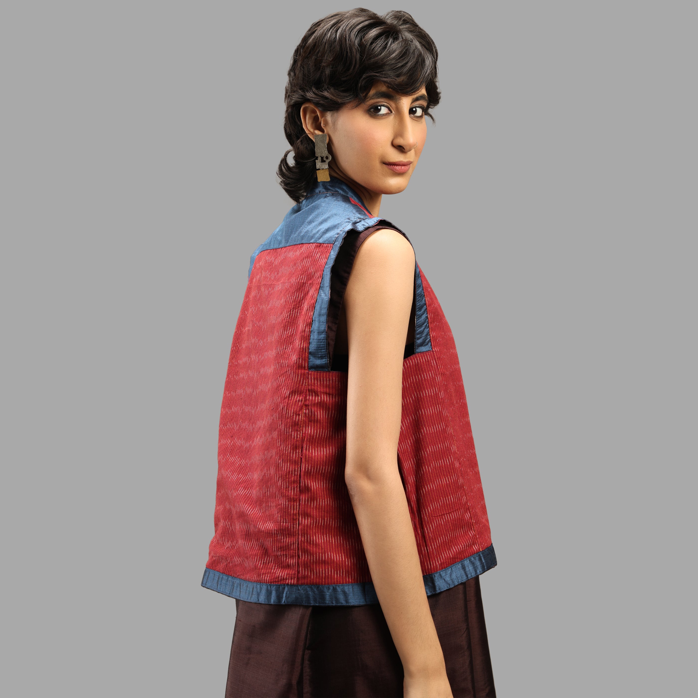 Handwoven Ikat Tussar Silk Vest-  Burgundy