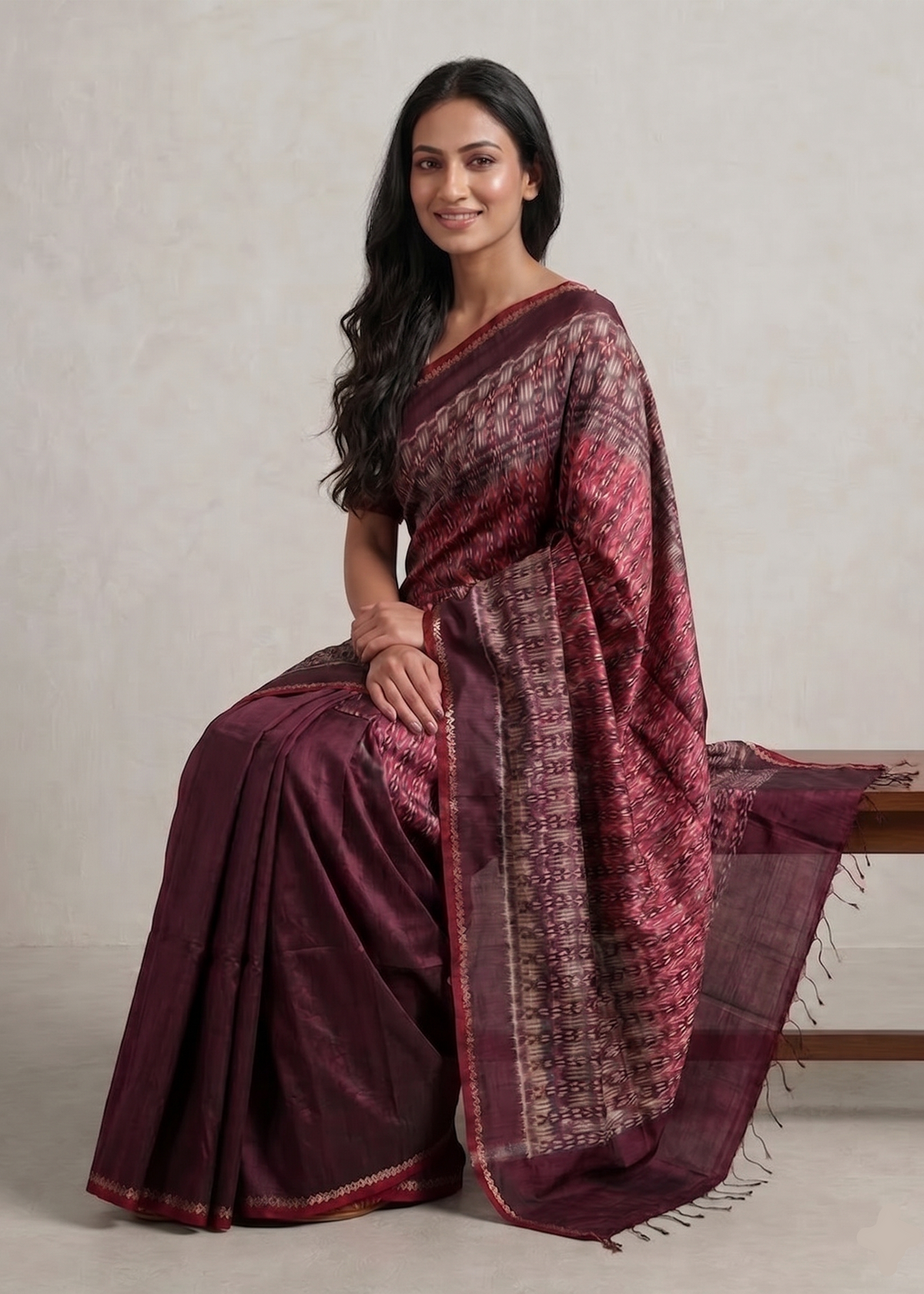 Ikat Tussar Trishul Long Pallu Handwoven Silk Saree - Burgundy Red