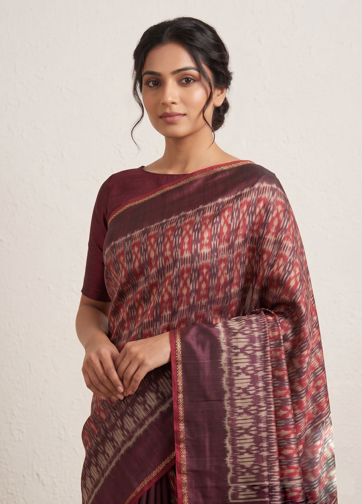 Ikat Tussar Trishul Long Pallu Handwoven Silk Saree - Burgundy Red