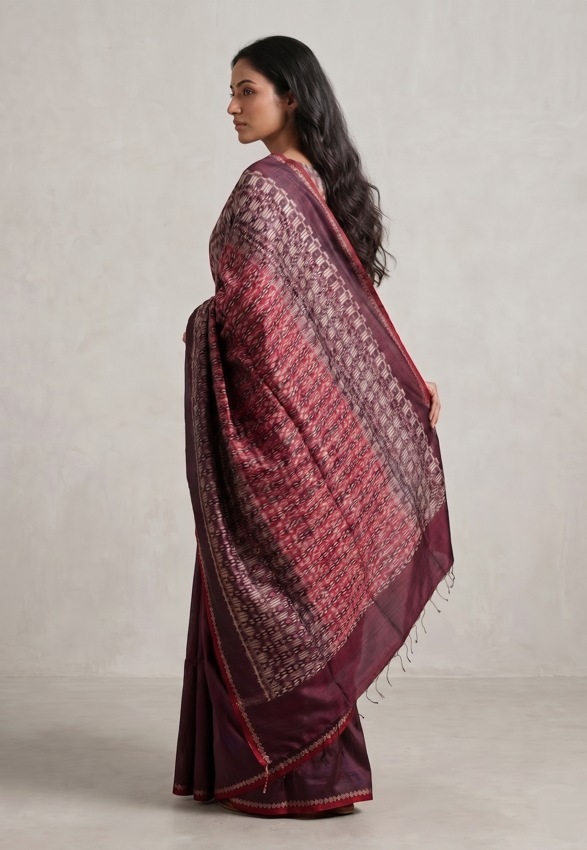 Ikat Tussar Trishul Long Pallu Handwoven Silk Saree - Burgundy Red