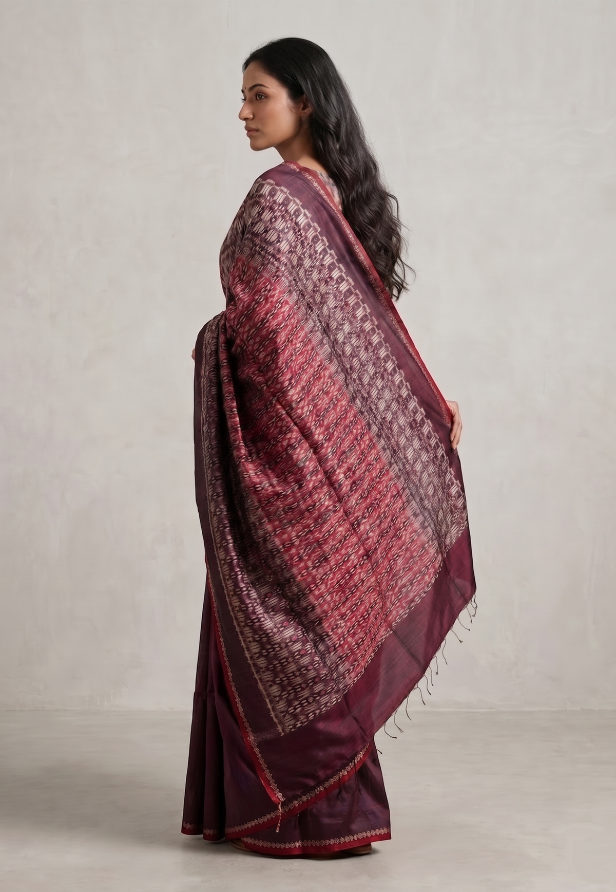 Ikat Tussar Trishul Long Pallu Handwoven Silk Saree - Burgundy Red