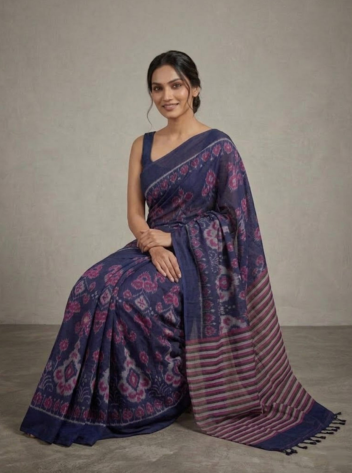 Lotus Handloom Cotton Ikat Saree - Indigo