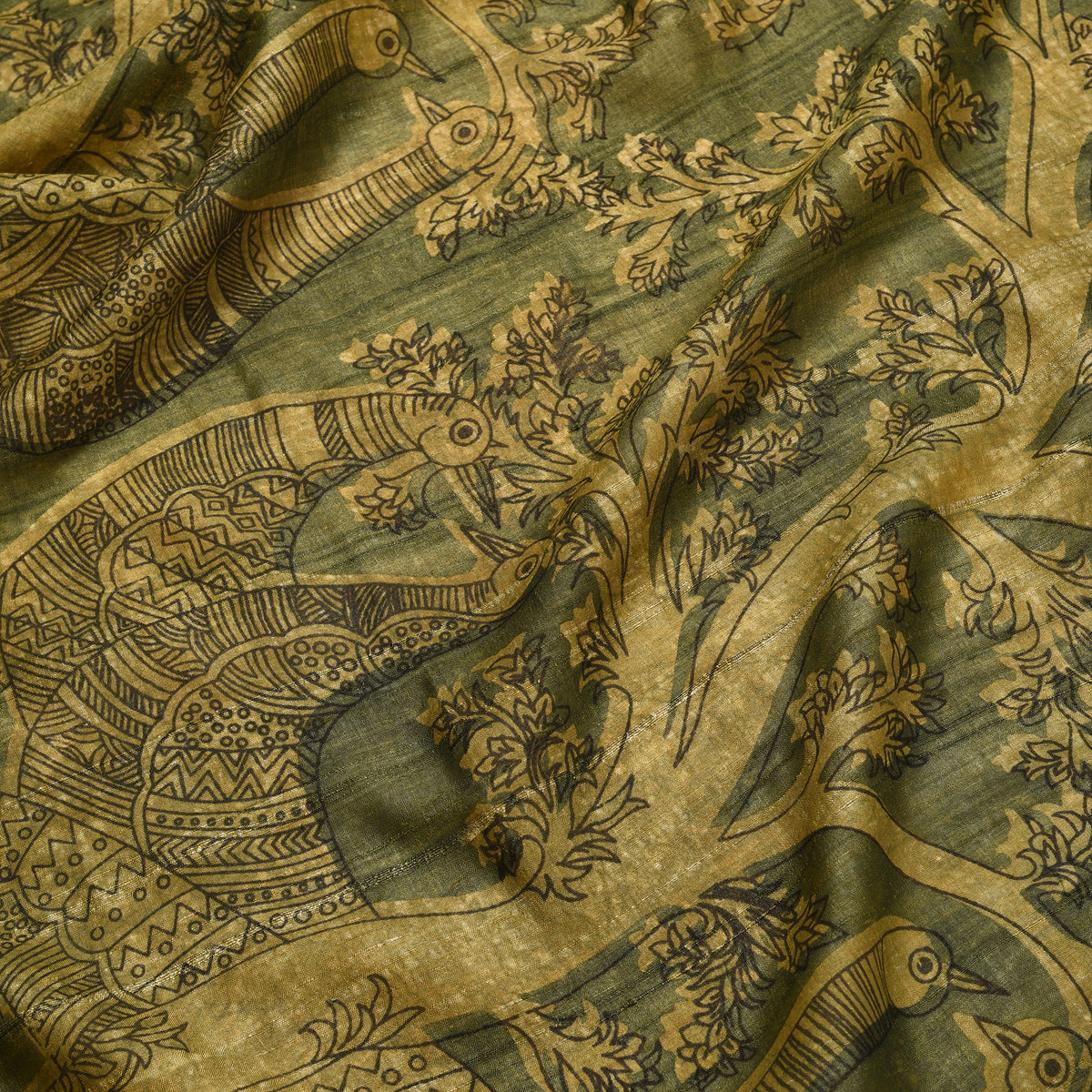 DABU TREE OF LIFE Peacock motif Tussar Silk Sari - Mehendi Green