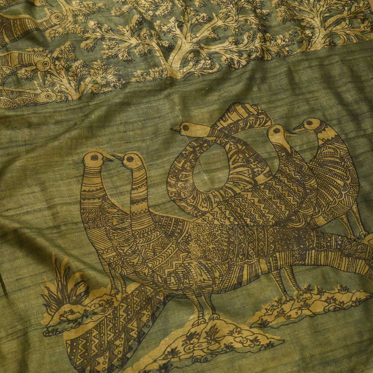 DABU TREE OF LIFE Peacock motif Tussar Silk Sari - Mehendi Green