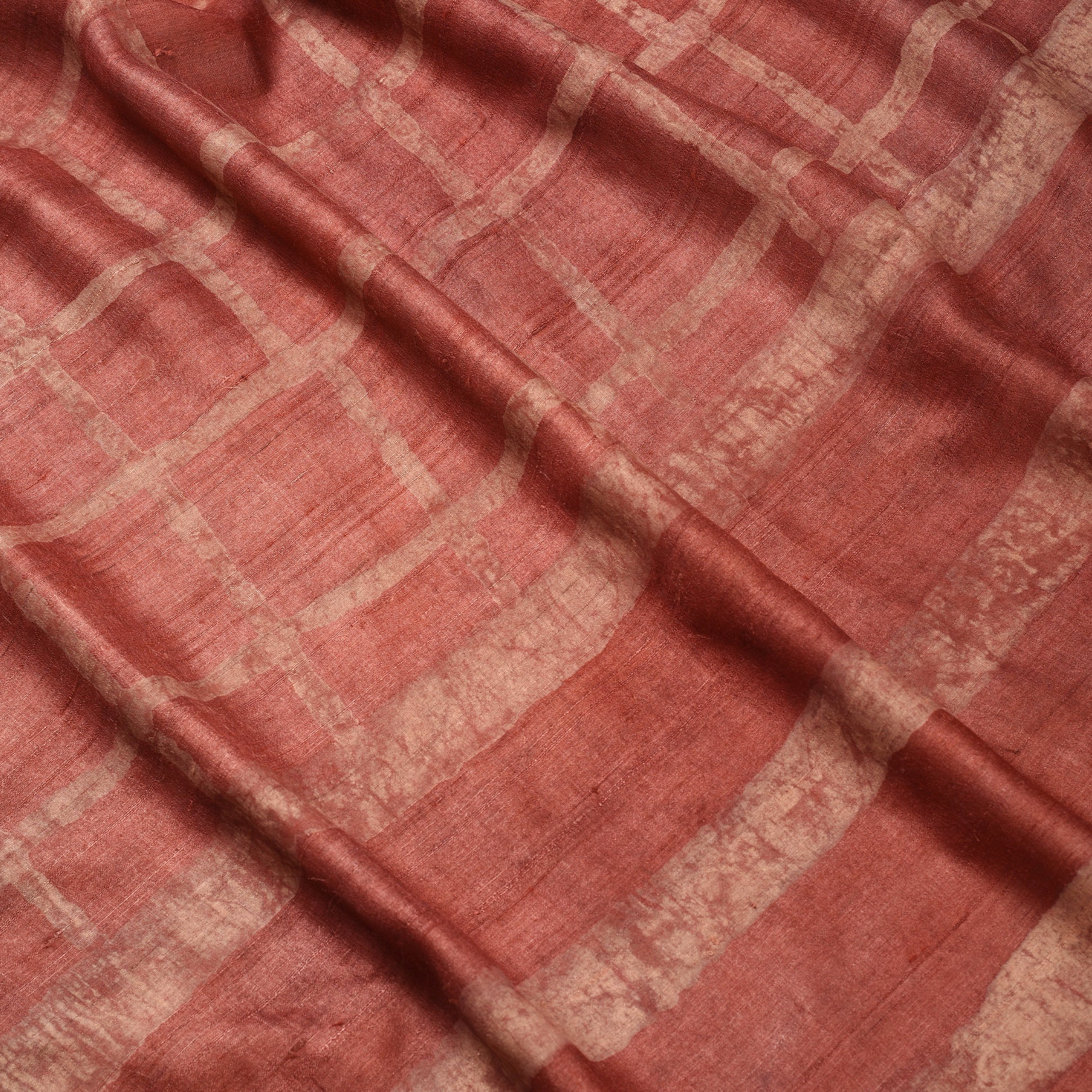 DABU BIG CHECK Tussar Silk Sari - Brick Red