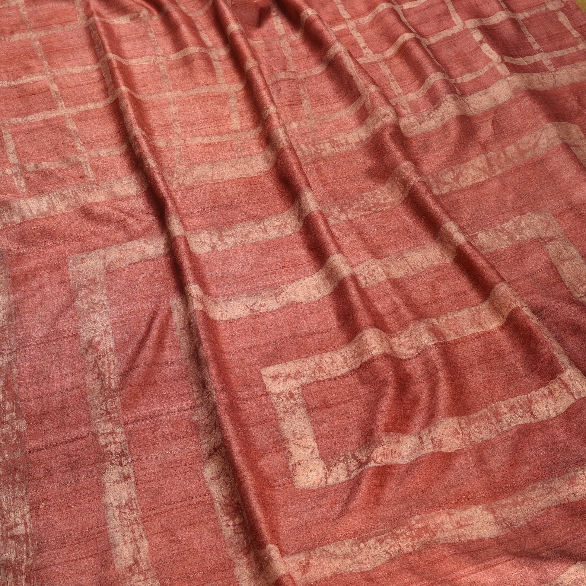 DABU BIG CHECK Tussar Silk Sari - Brick Red