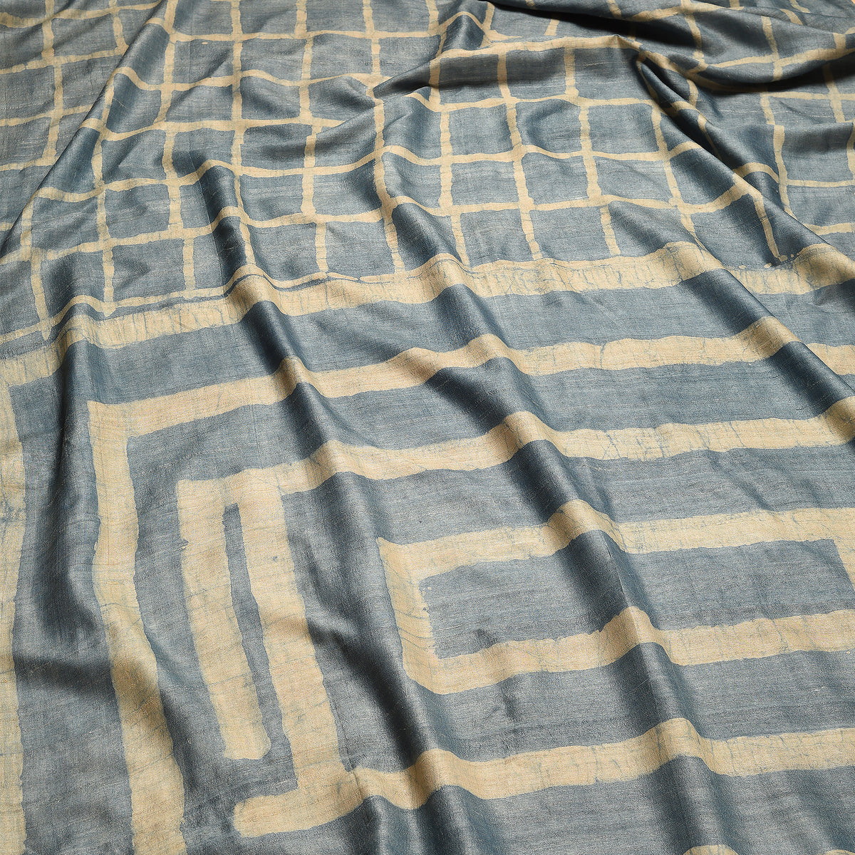 DABU BIG CHECK Tussar Silk Sari - Indigo