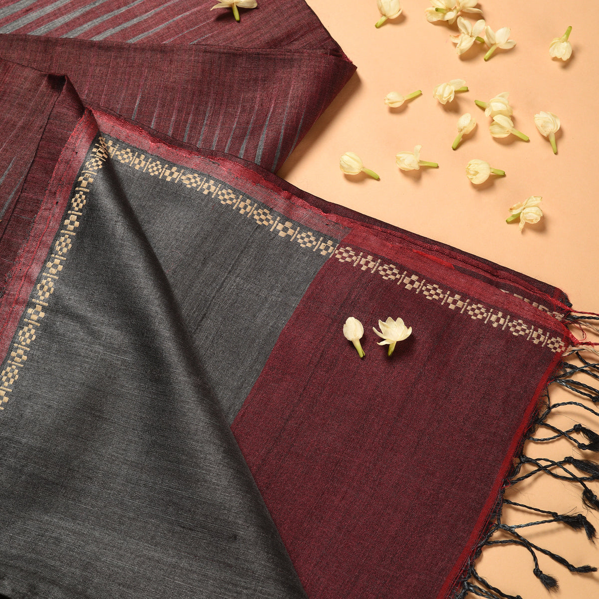 JWALA Handwoven Silk Ikat Saree - Grey Maroon