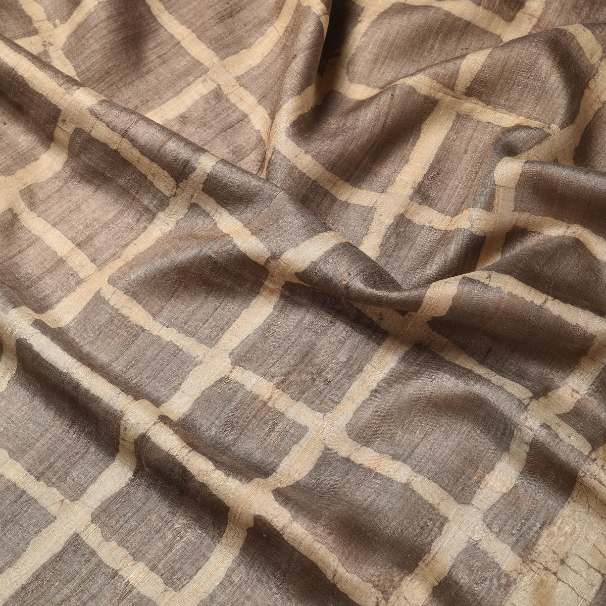 DABU BIG CHECK Tussar Silk Sari - cedar brown