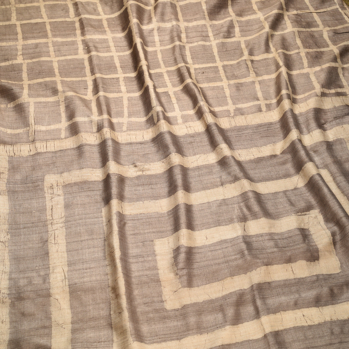 DABU BIG CHECK Tussar Silk Sari - cedar brown