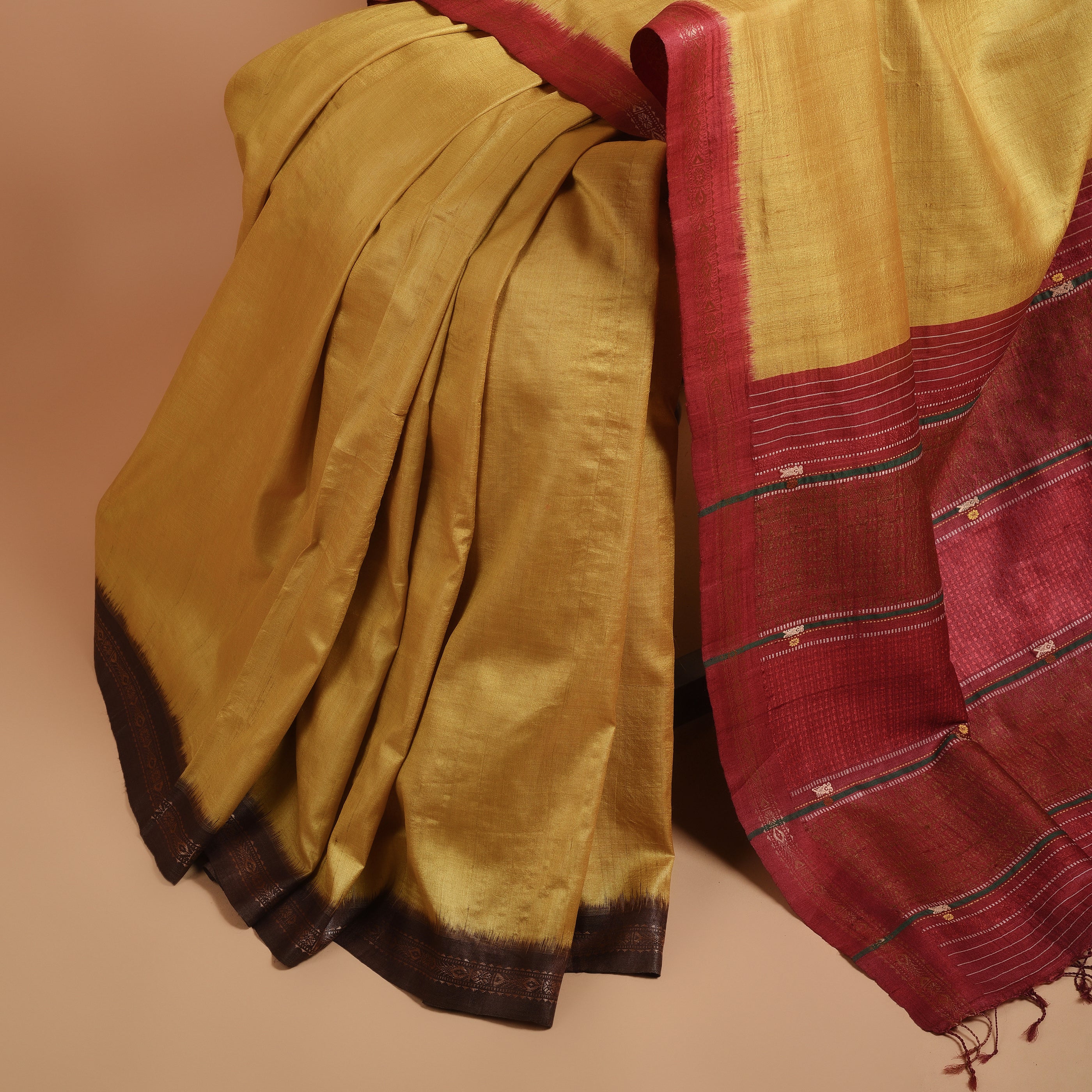 SAGAR Handwoven Tussar Silk Saree - Golden Yellow