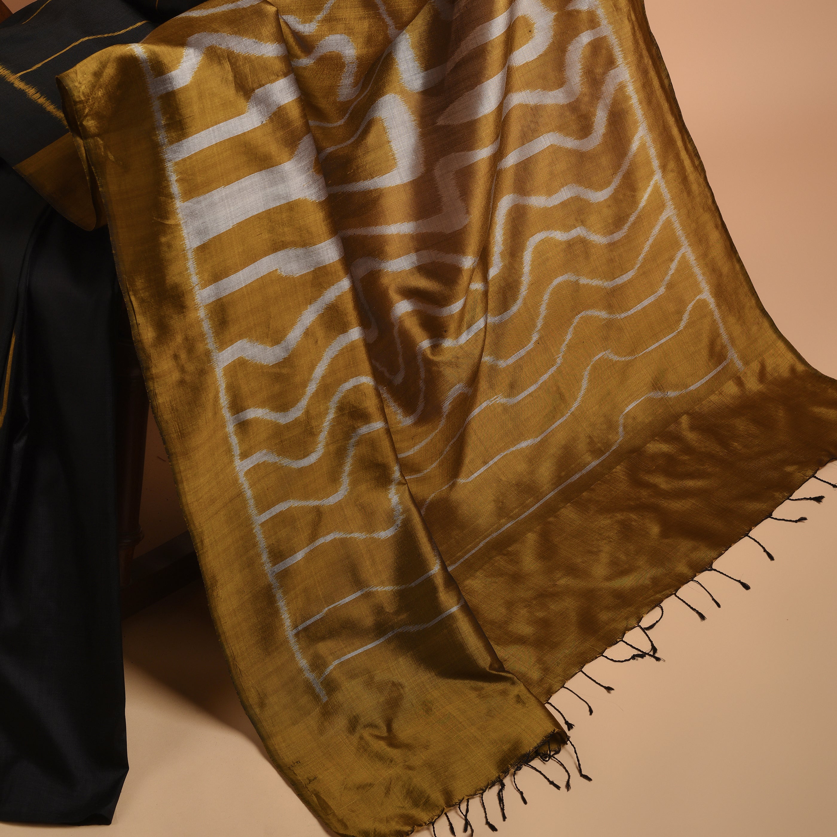 SAPNA IKAT Handwoven Silk Saree -Black and  Copper