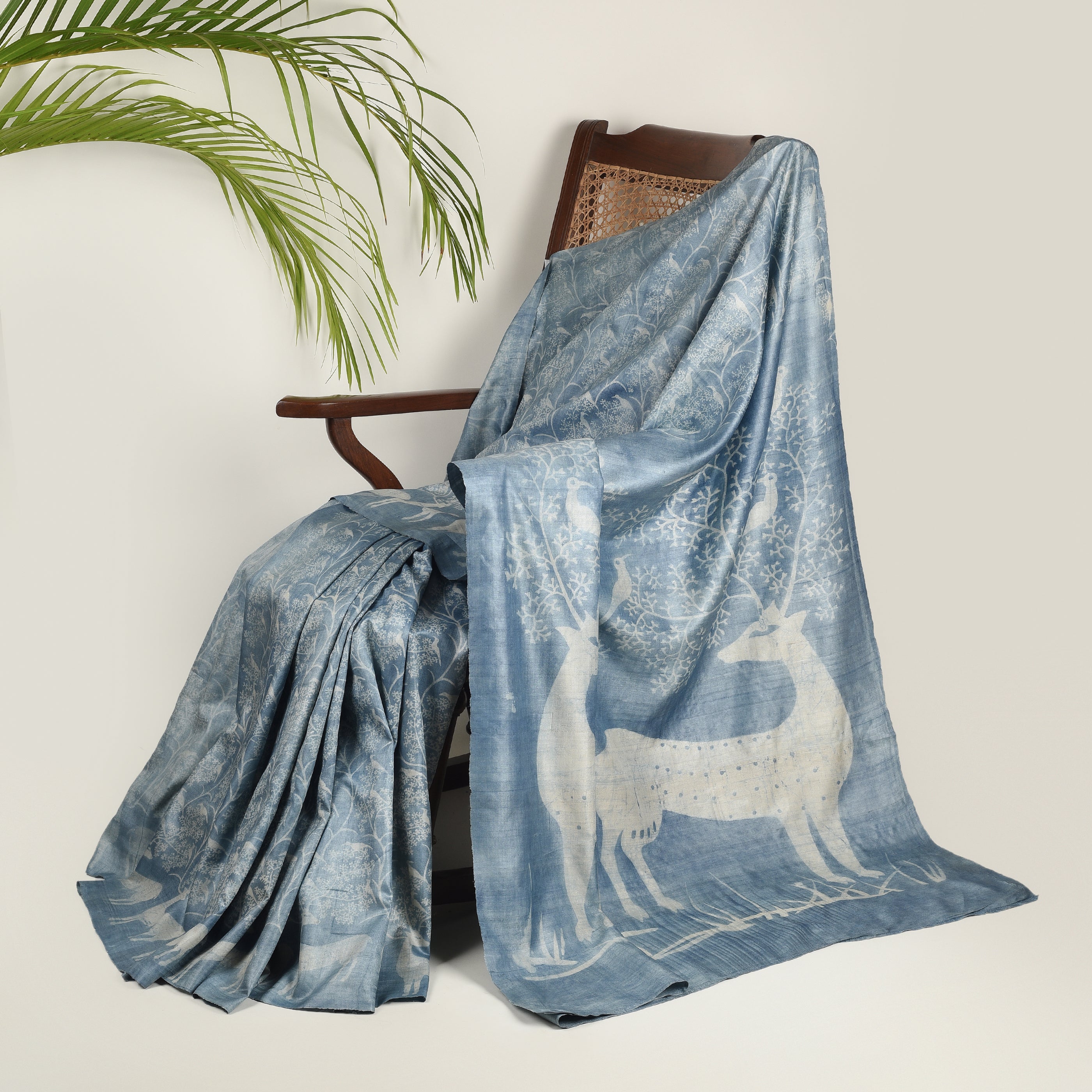 DABU DEER PRINT Tussar Silk Sari - Blue