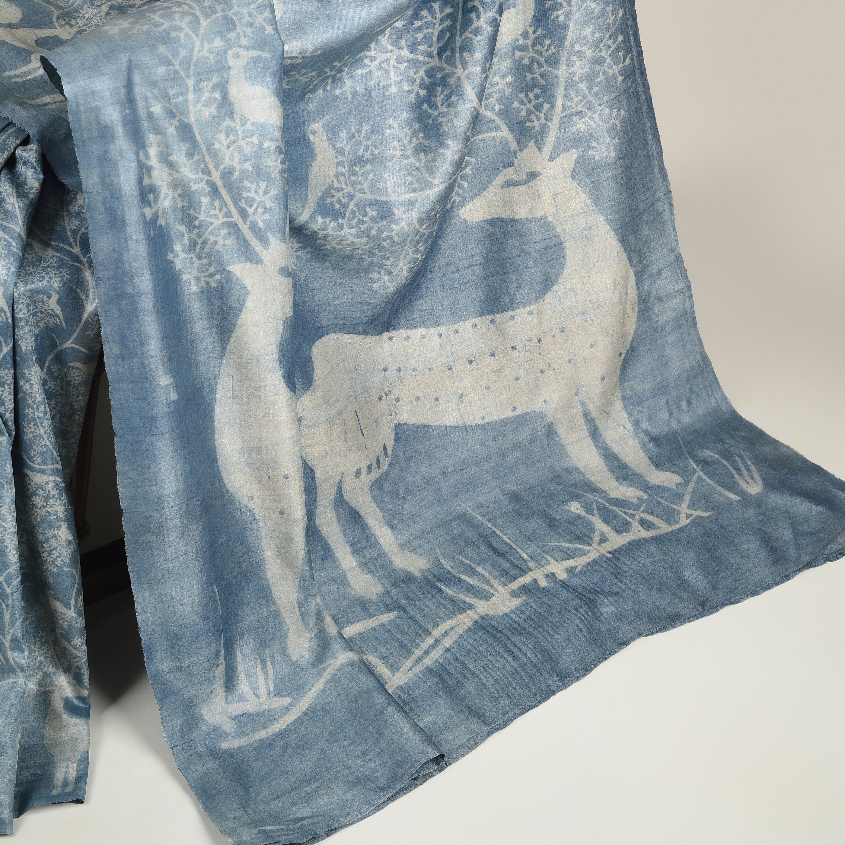 DABU DEER PRINT Tussar Silk Sari - Blue