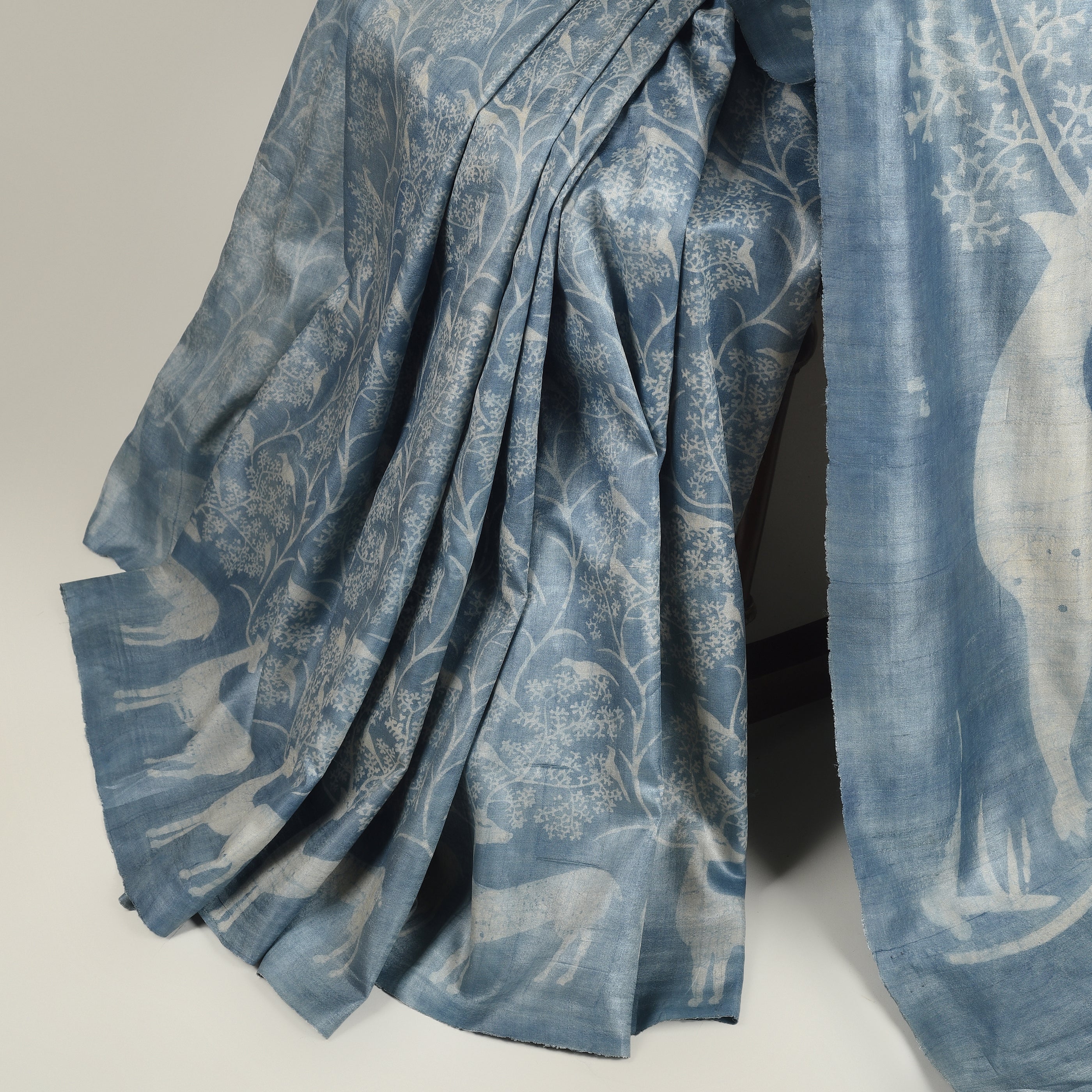 DABU DEER PRINT Tussar Silk Sari - Blue