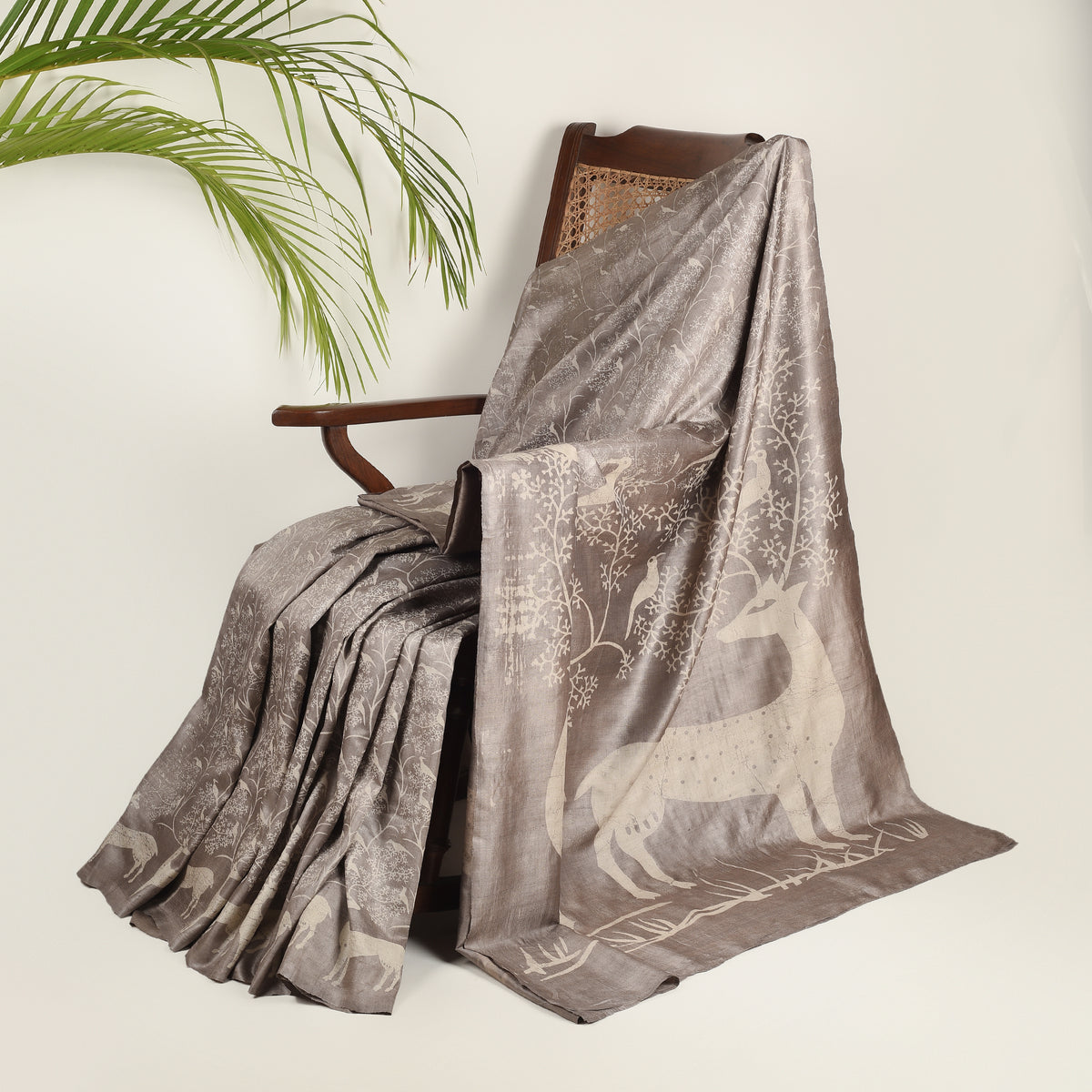 DABU DEER PRINT Tussar Silk Sari - Brown
