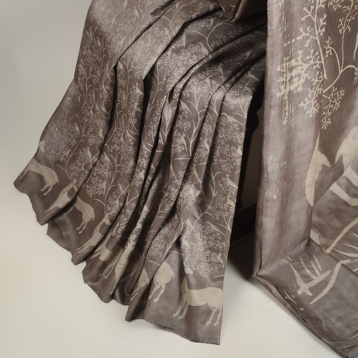 DABU DEER PRINT Tussar Silk Sari - Brown