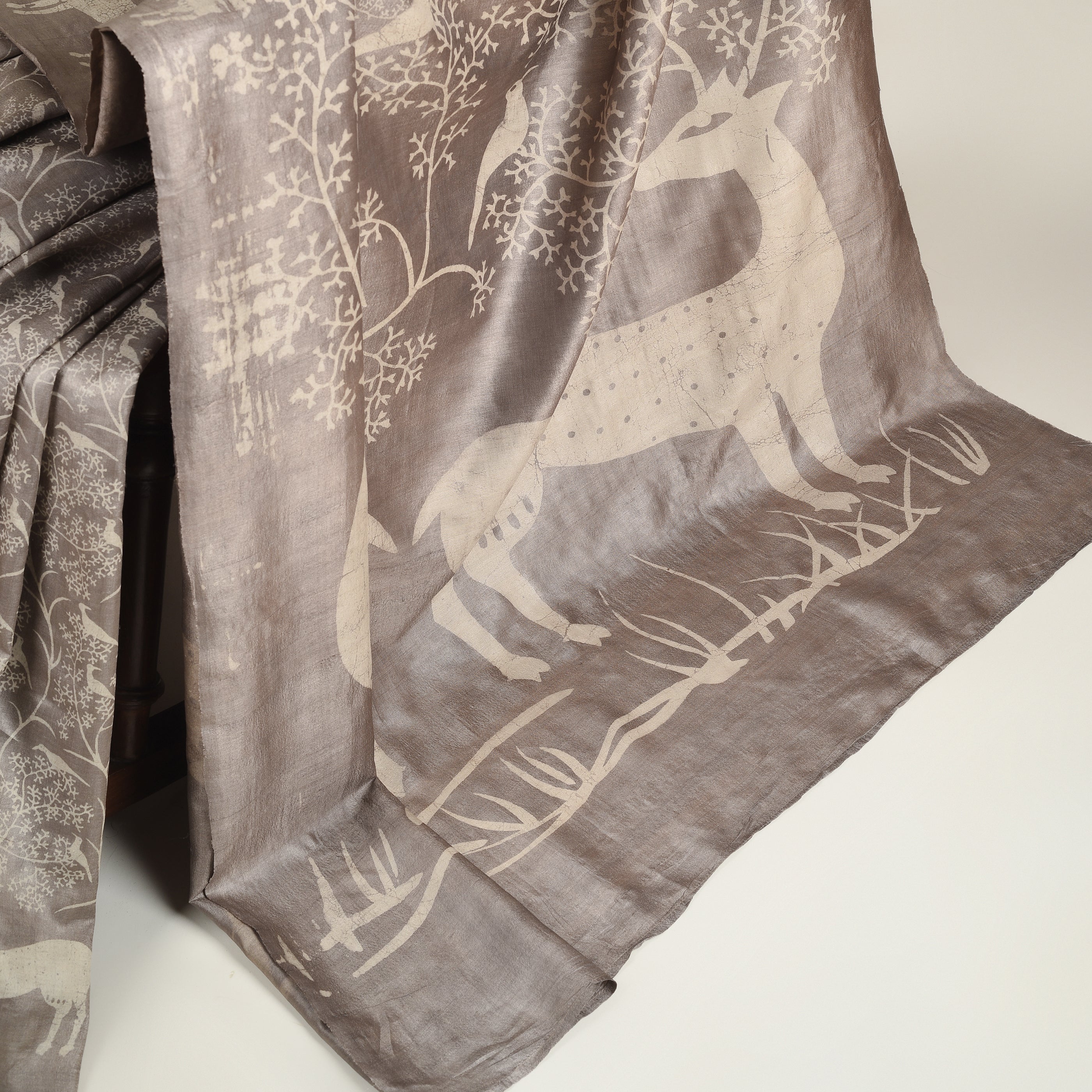 DABU DEER PRINT Tussar Silk Sari - Brown
