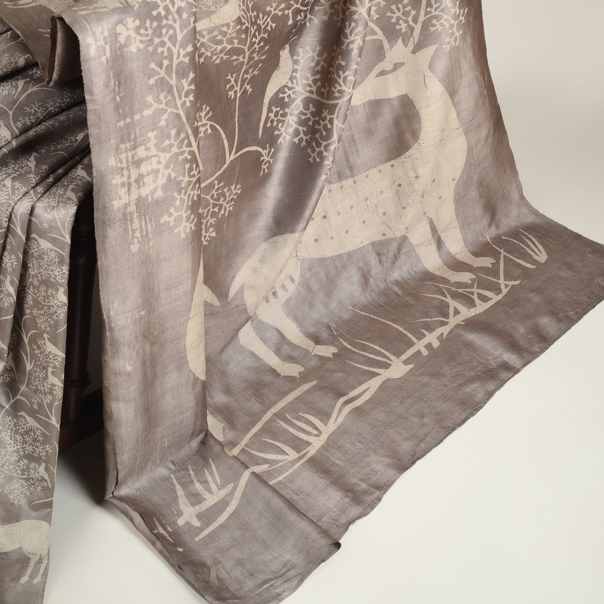 DABU DEER PRINT Tussar Silk Sari - Brown