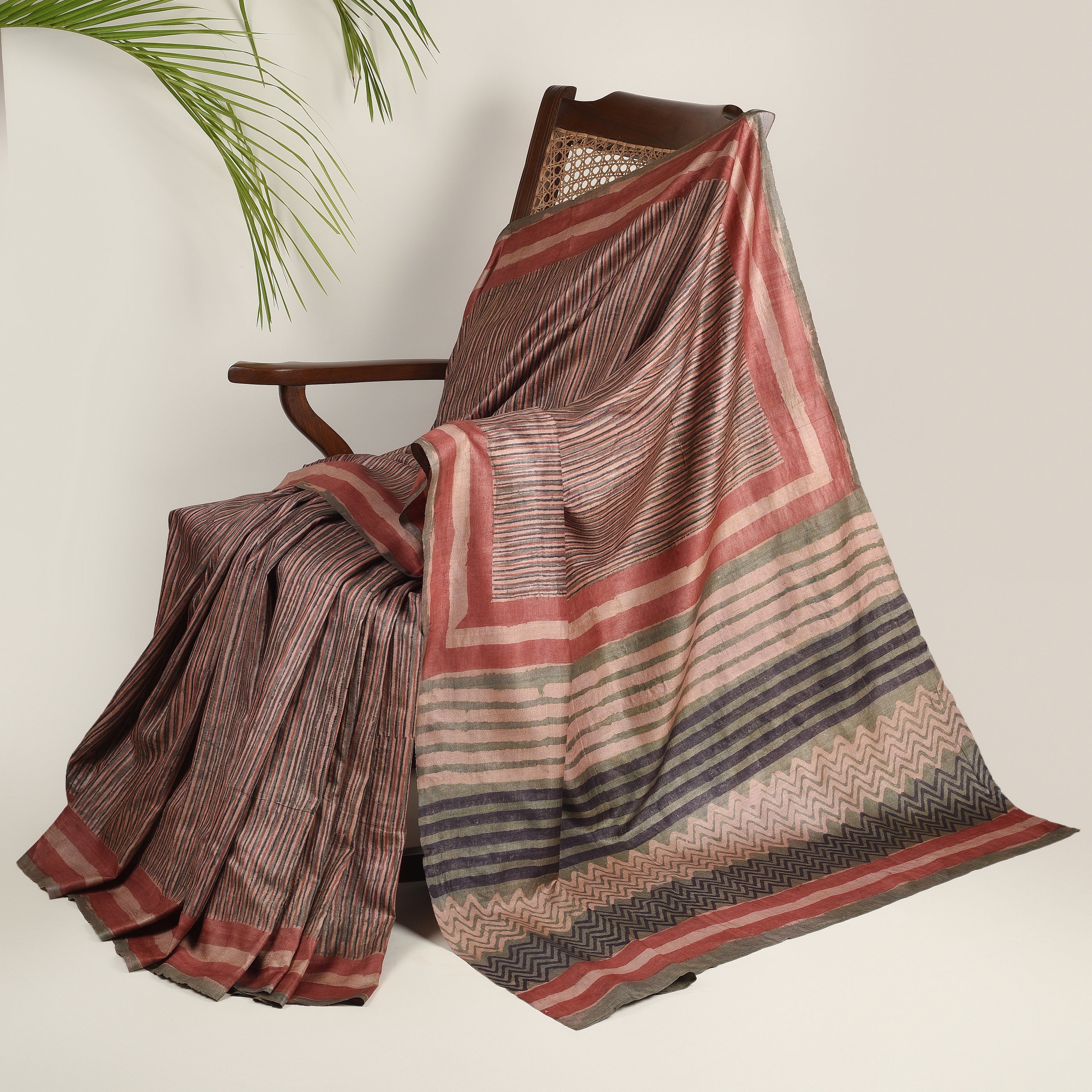 DABU SAHRANG STRIPES Tussar Silk Sari - Green - Vriksh Designs