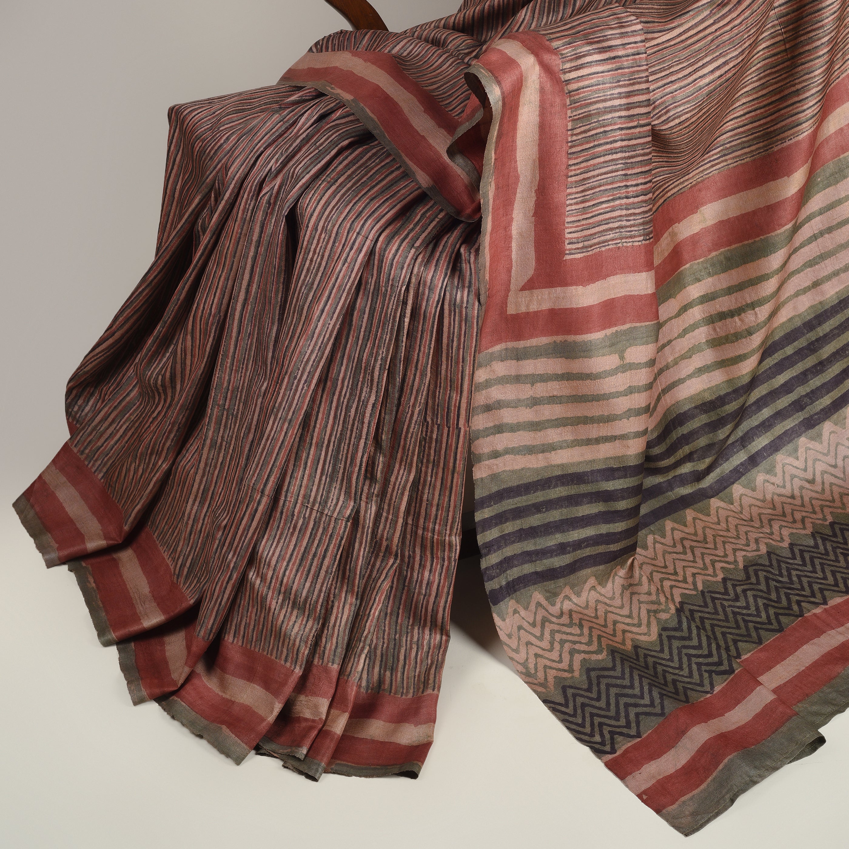 DABU SAHRANG STRIPES Tussar Silk Sari - Green - Vriksh Designs