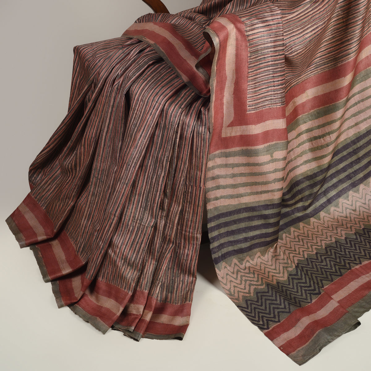 DABU SAHRANG STRIPES Tussar Silk Sari - Green - Vriksh Designs
