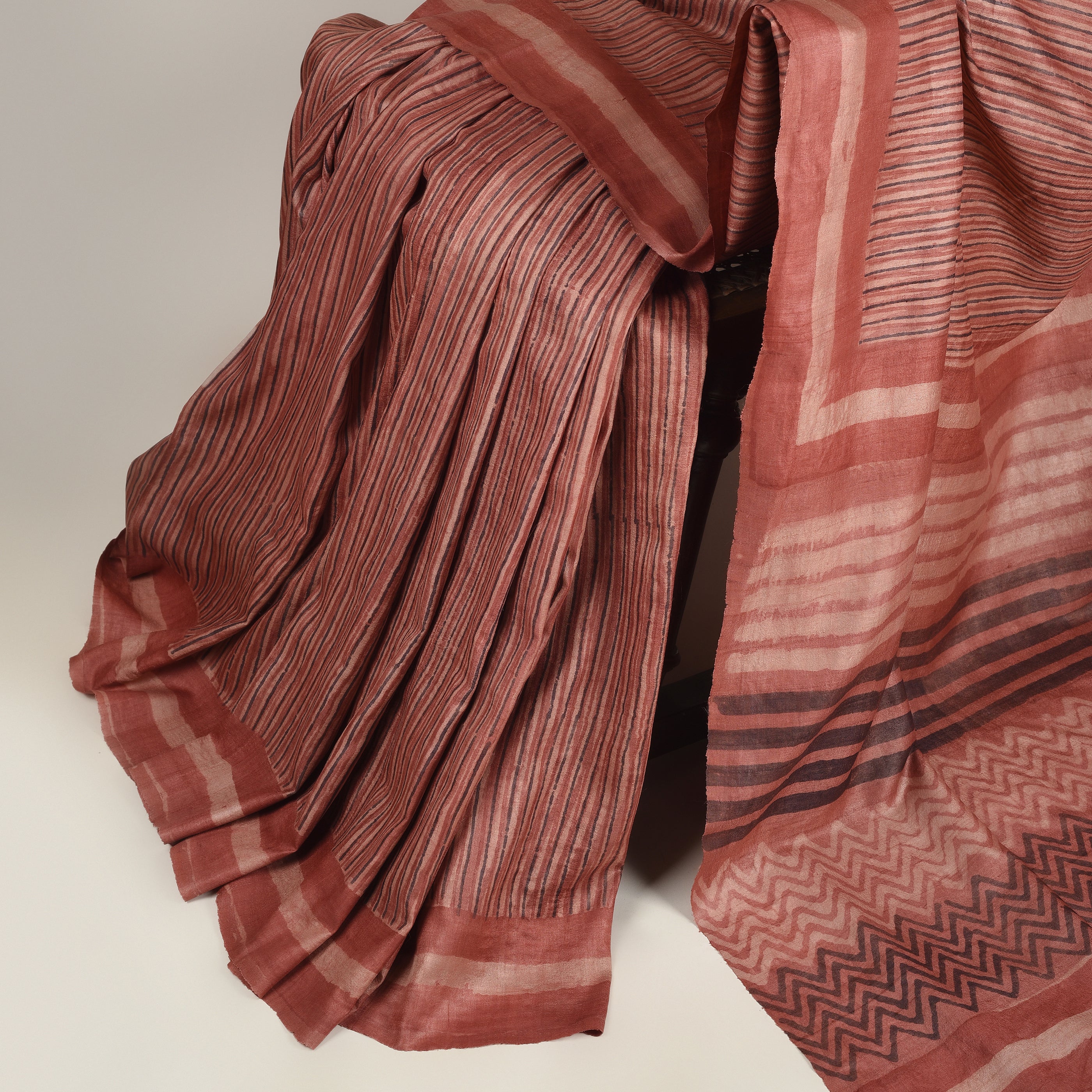 DABU STRIPES Tussar Silk Sari - Pink