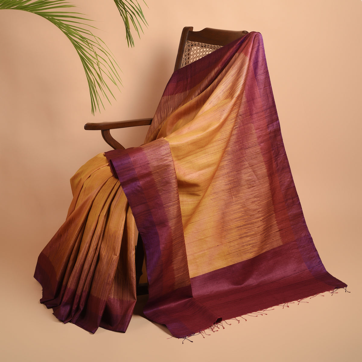 Ikat Tussar New Bijli Handwoven Silk Saree - Gold - Vriksh Designs