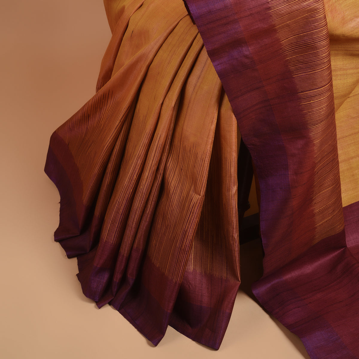 Ikat Tussar New Bijli Handwoven Silk Saree - Gold - Vriksh Designs