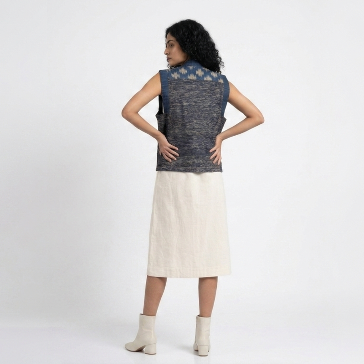 Handwoven Ikat Tussar Silk Vest-  Indigo