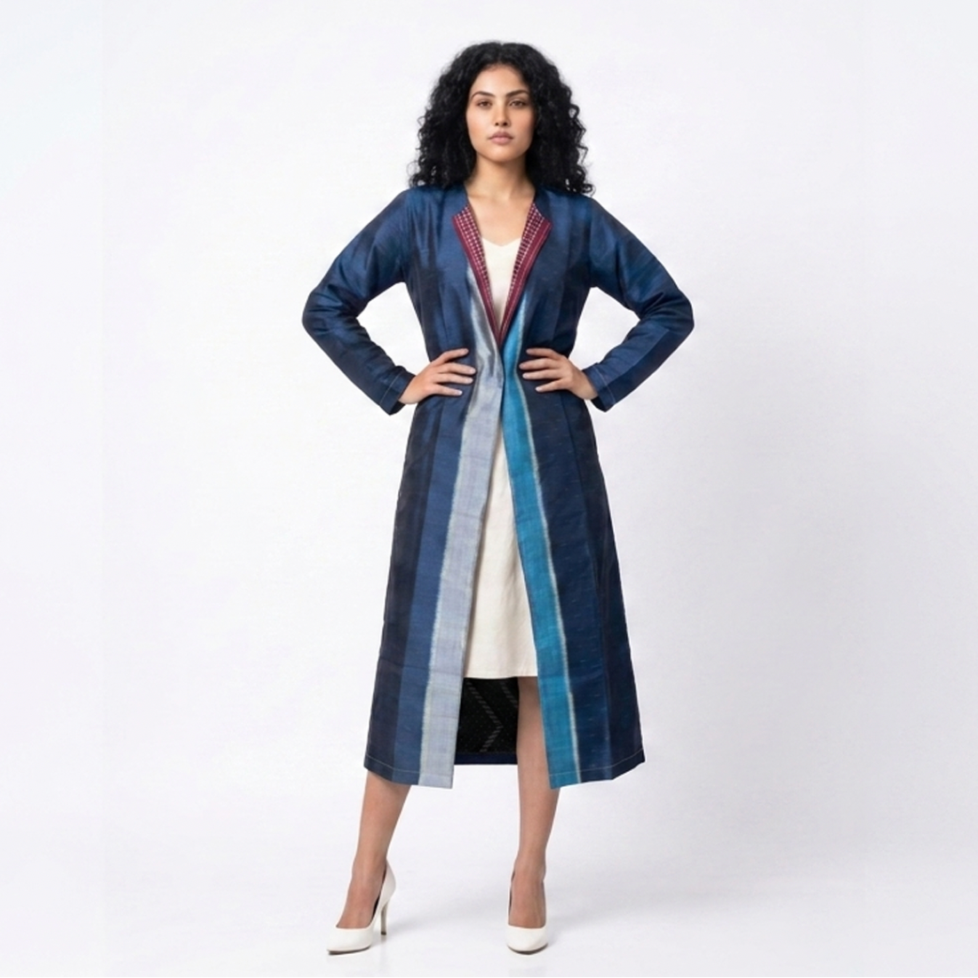 Handwoven Ikat Silk Reversible Long Jacket Indigo