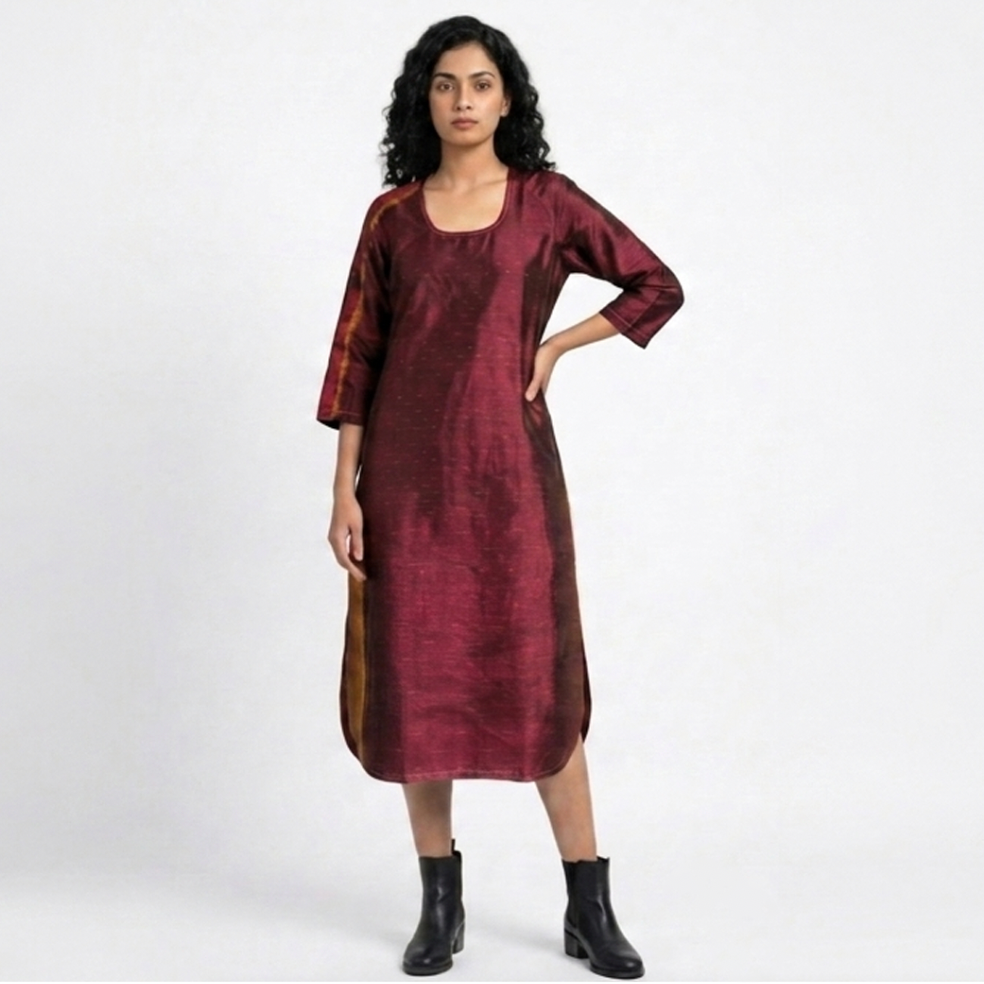 Handwoven Ikat Silk Kurta Dress- Maroon