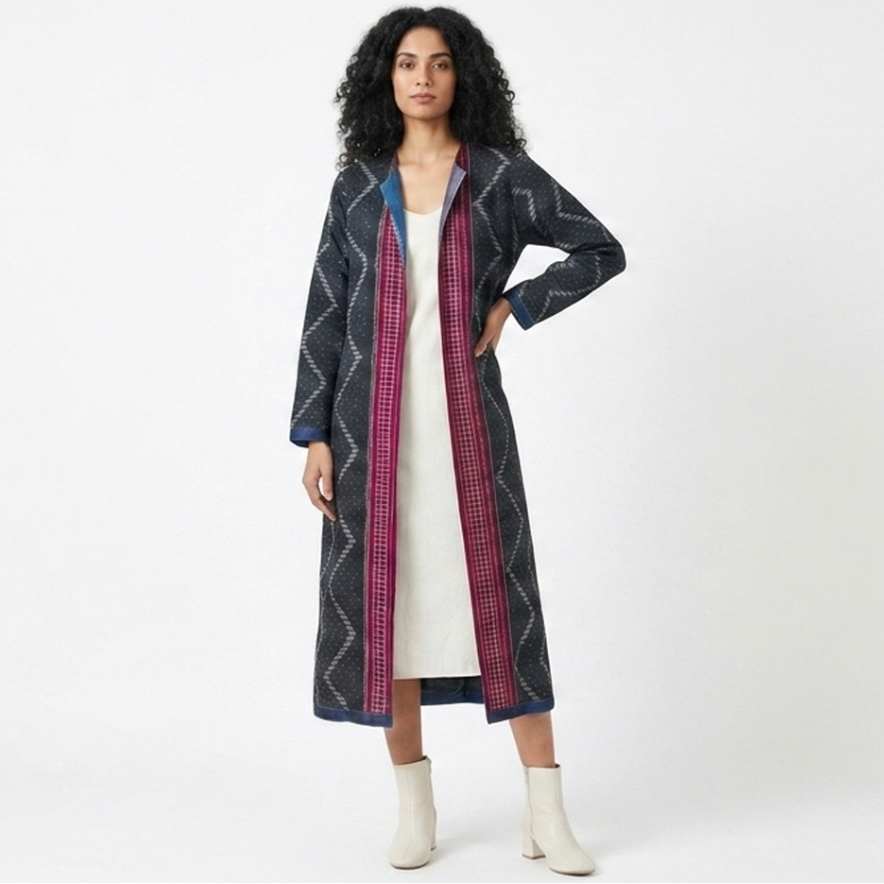 Handwoven Ikat Silk Reversible Long Jacket Indigo