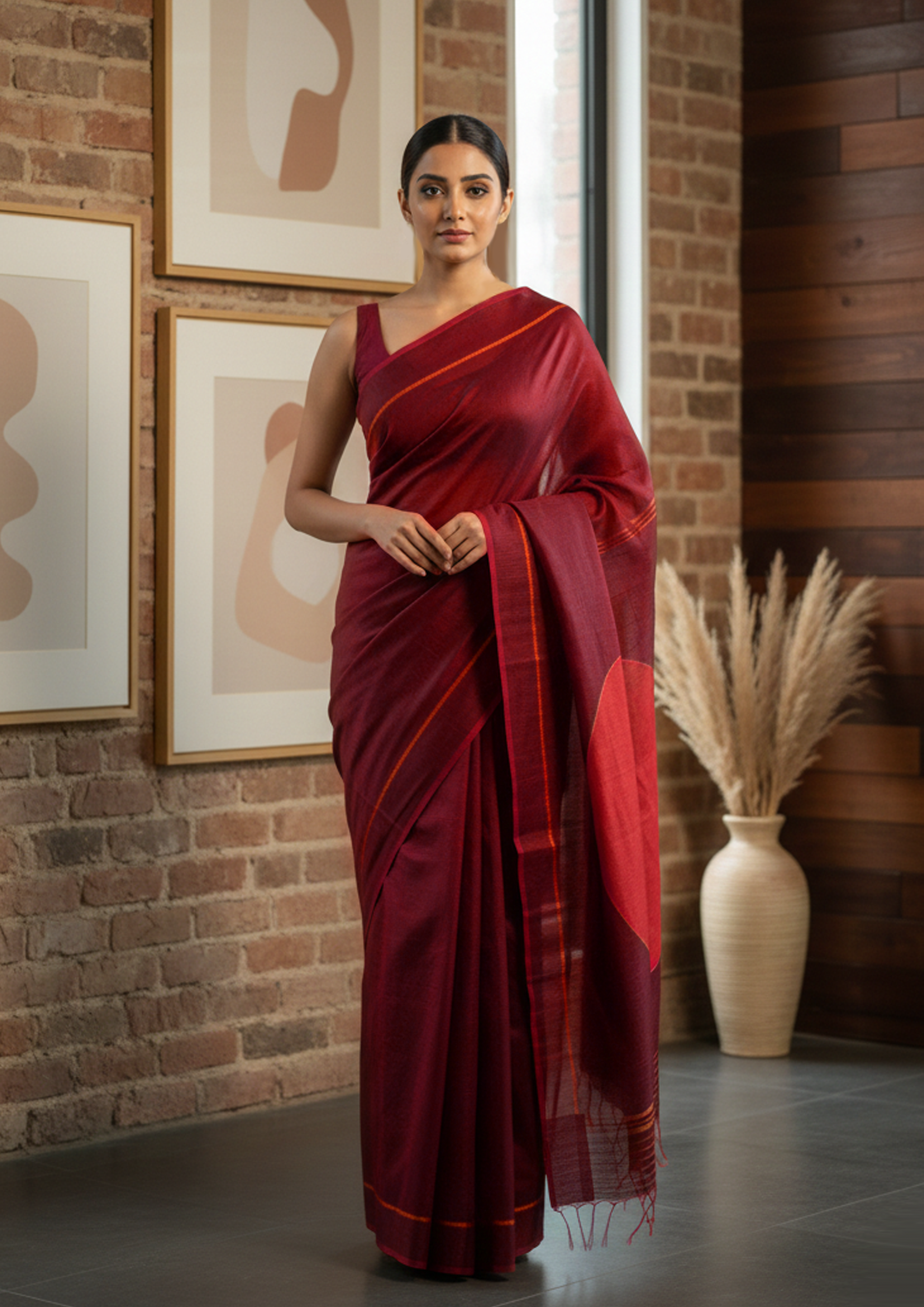 Shunya Ikat Silk Handwoven sari- Maroon Red