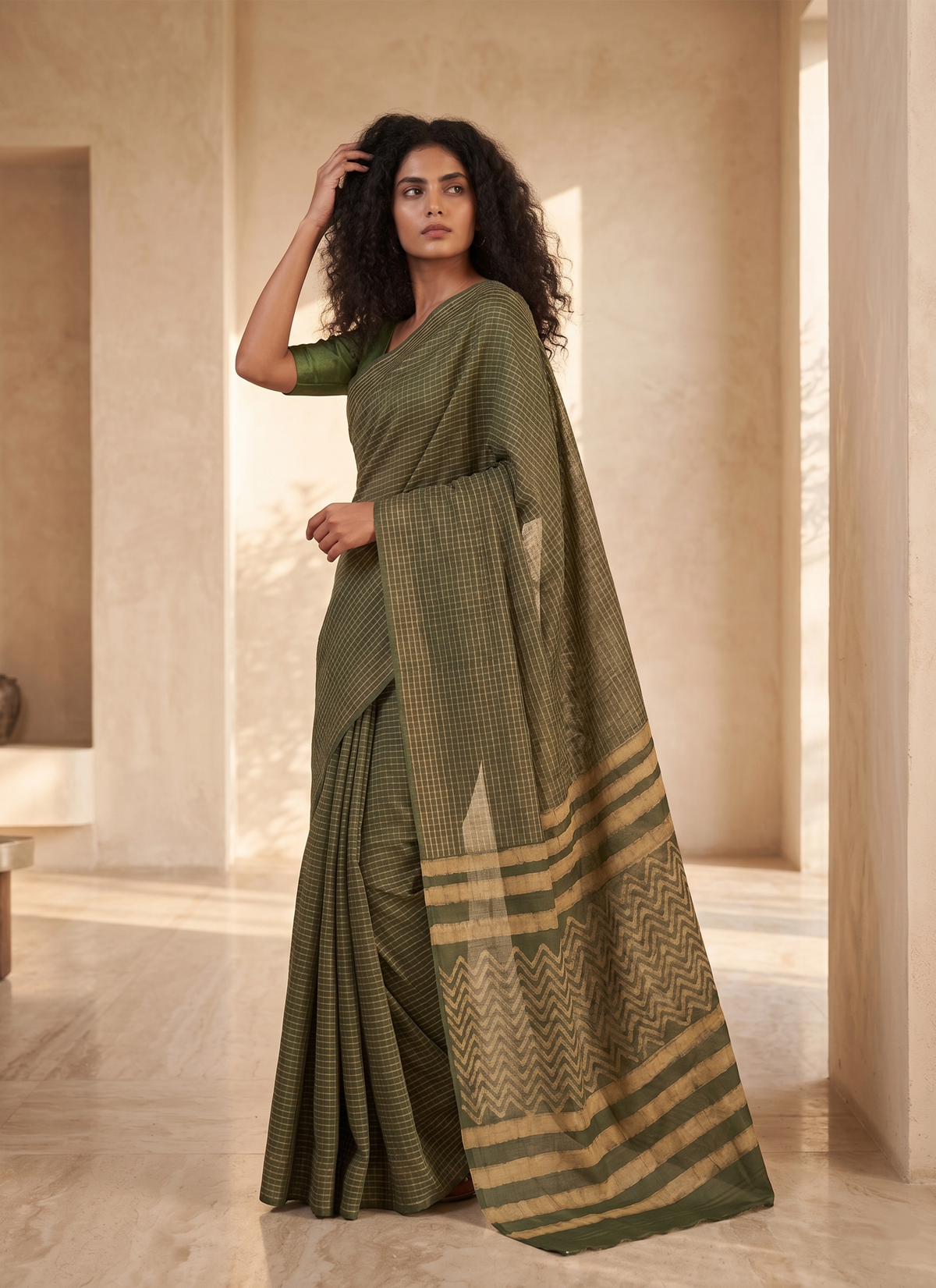 DABU  Small Checks Tussar Silk Sari - Green