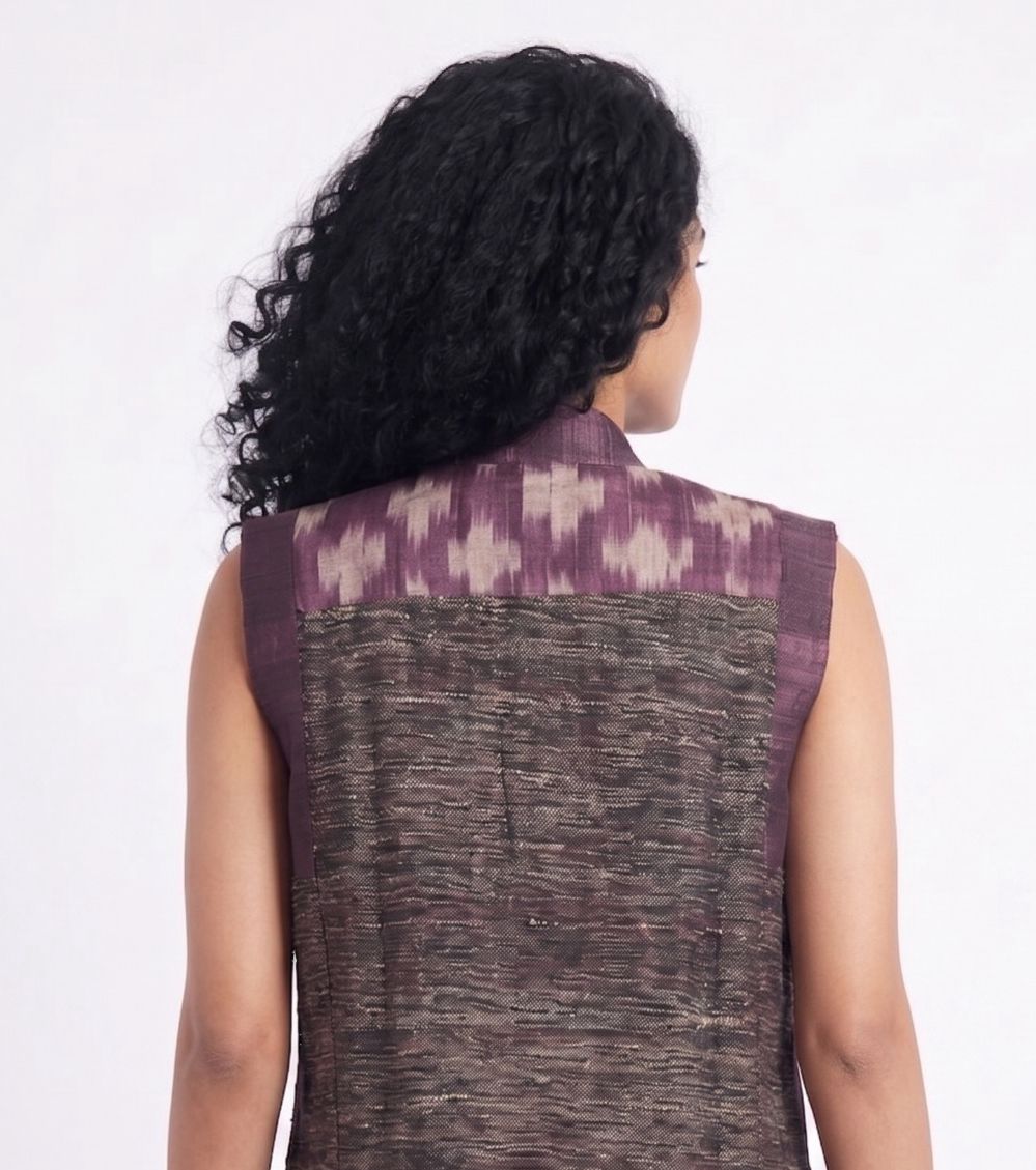 Handwoven Ikat Tussar Silk Vest-  Purple