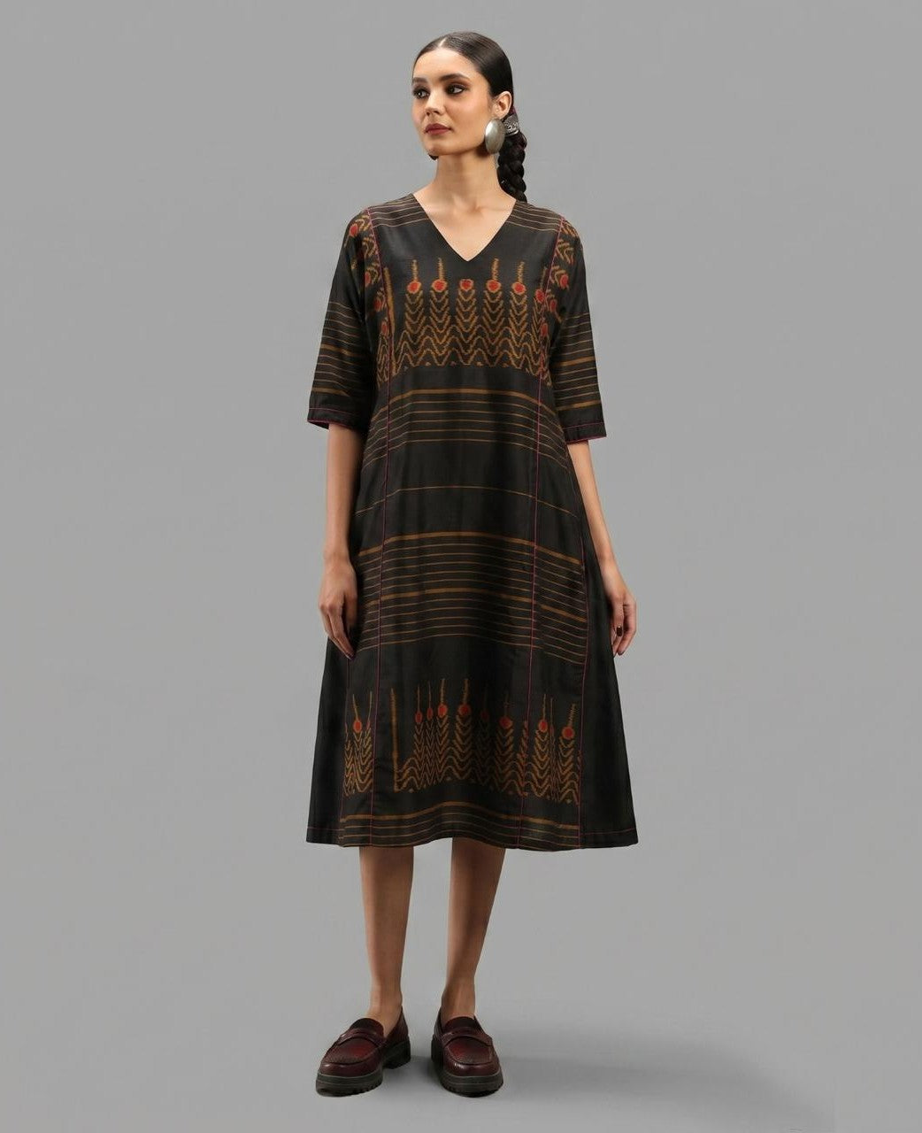 Handwoven Ikat Silk Anarkali Dress- Black