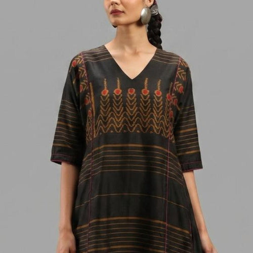 Handwoven Ikat Silk Anarkali Dress- Black